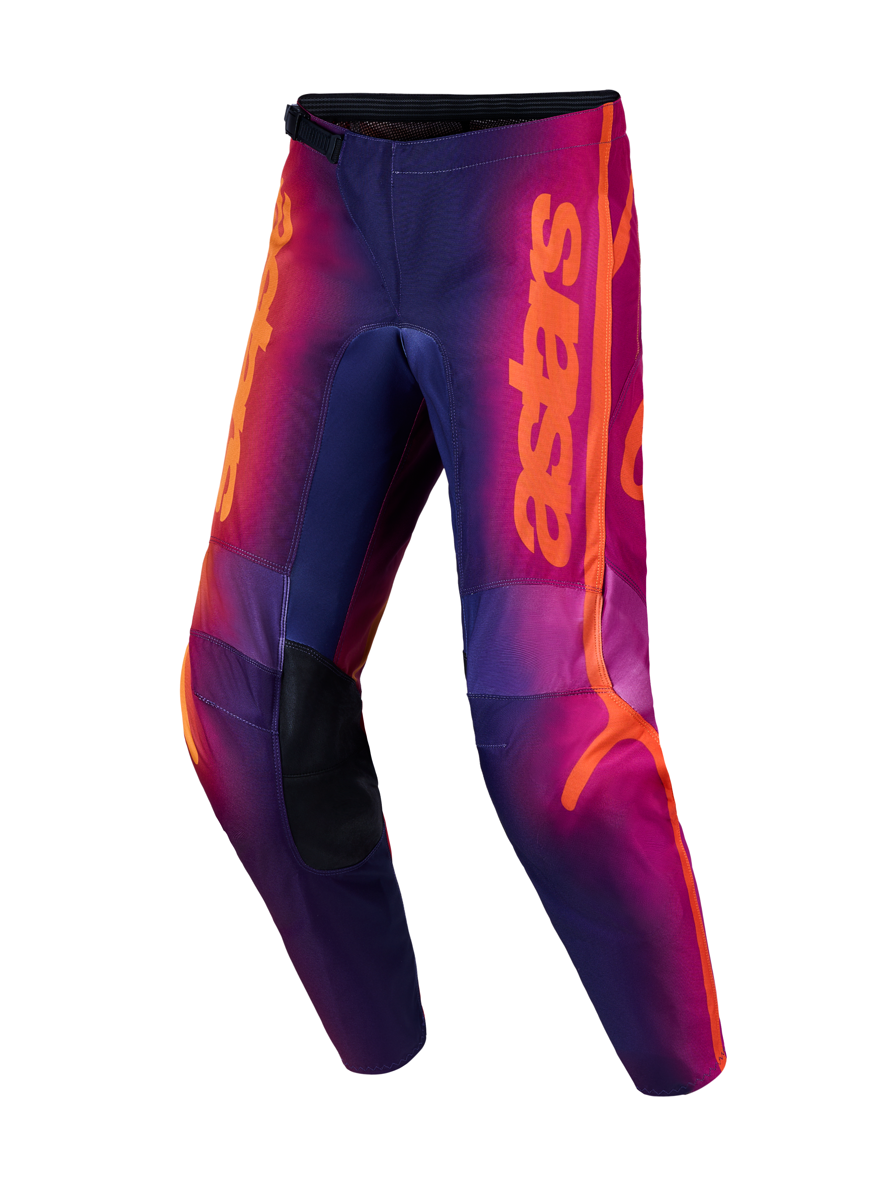 Alpinestars Fluid Kepler MX-Hose in Lila und Orange, Motocrosshose mit verstärkten Knien und ergonomischem 3D-Muster.