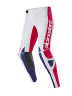 Alpinestars Limited Edition Techstar Fortitude Hose, Motocross-Hose, Hellrot, Weiß und Blau, mit großem rotem Alpinestars-Branding am Oberschenkel, Innenknie-Einsätzen aus schwarzem Leder und perforierten Belüftungszonen, athletische Rennpassform für Offroad-Rennsport