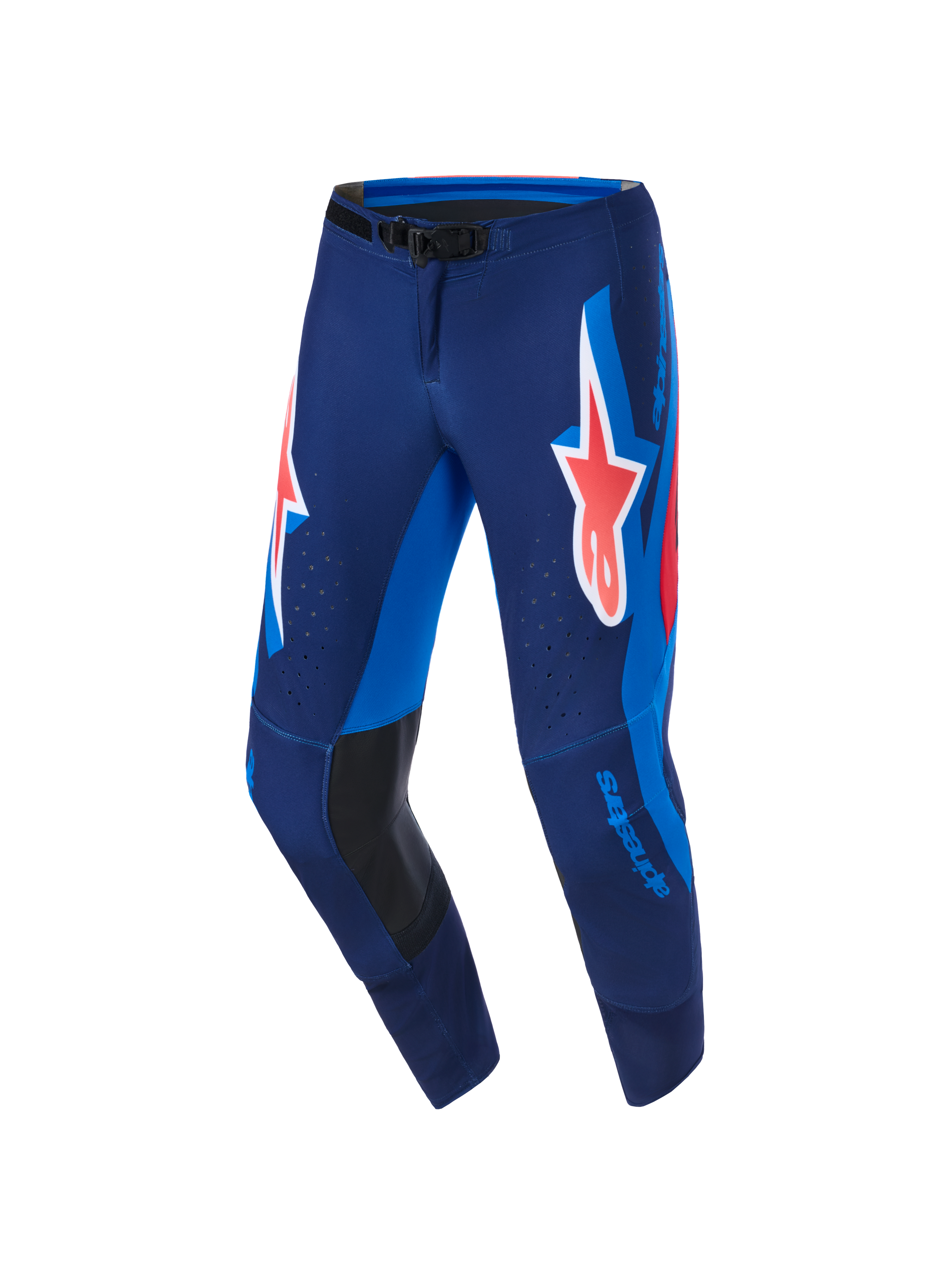 Alpinestars 2026 Supertech Vista Pants, Motocross Pants, Dark Navy Hot Coral Cobalt, featuring a large coral Astars logo on the thighs, bright blue side panels, black leather inner knee reinforcements, and laser-cut perforations for ventilation, designed for elite performance racing.