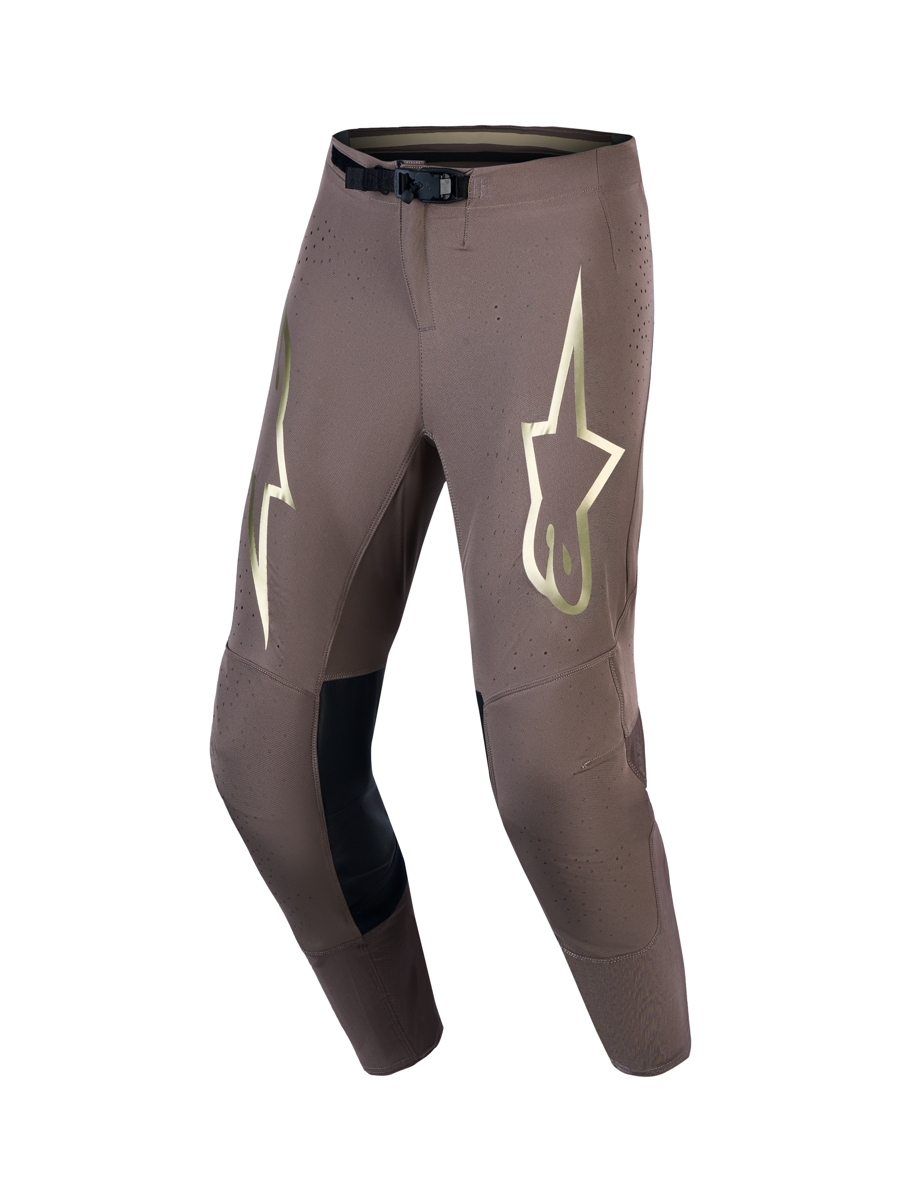Alpinestars Supertech Air Gold Hose Limited Edition, Motocross-Hose in Braun und Gold, belüftetes Stretch-Gewebe mit Perforationen, SX1 Magnetverschluss, athletische Rennpassform.