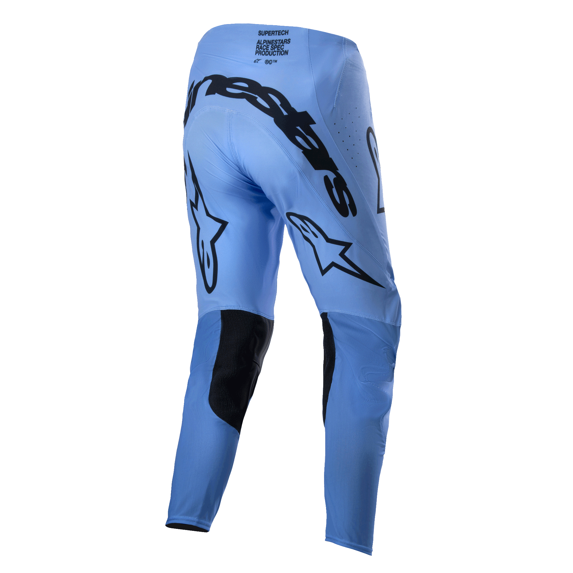 Alpinestars 2024 Supertech Dade Hose, Motocross-Hose, Hellblau, Rückansicht mit großem schwarzem Alpinestars-Branding auf dem Gesäß, Stern-Logos auf der Beinrückseite, schwarzen verstärkten Knie-Innenpaneelen und perforierten Belüftungszonen.