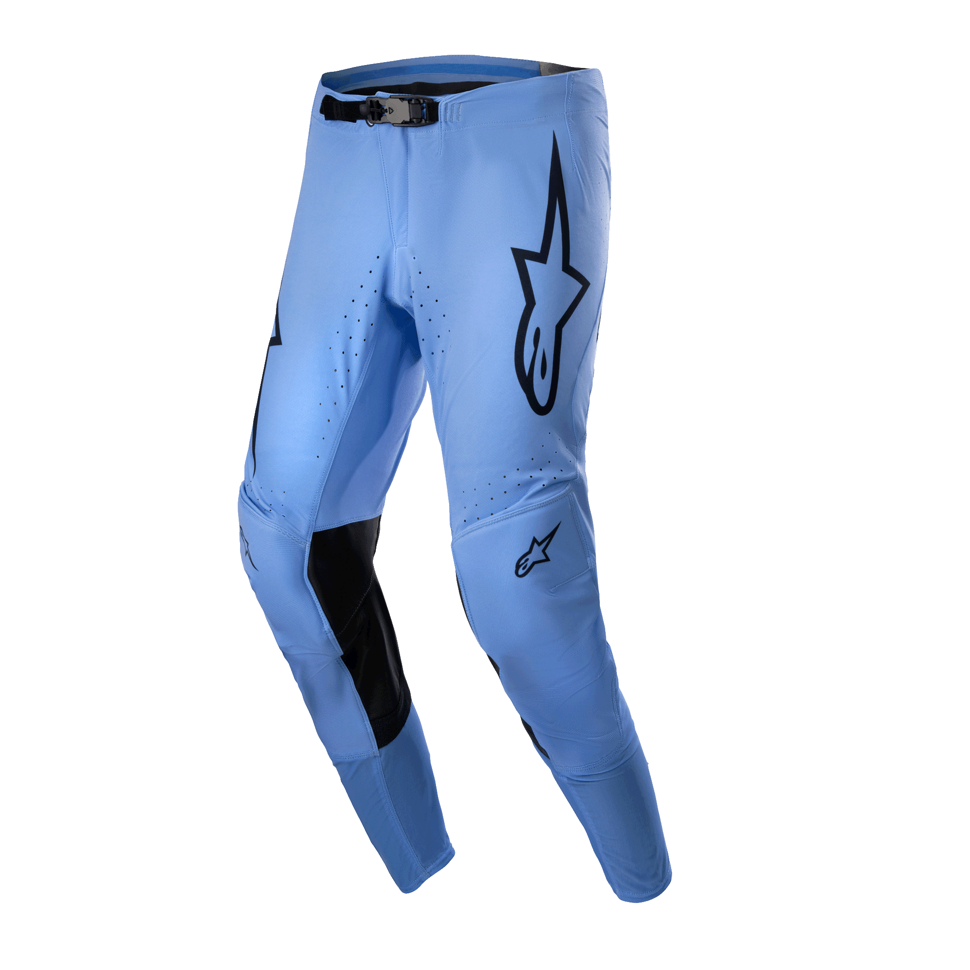 Alpinestars 2024 Supertech Dade Hose, Motocross-Hose, Hellblau, schwarze Stern-Logos auf den Oberschenkeln, schwarze Innenknieverstärkungen, perforierte Belüftungsöffnungen, athletisches Race-Fit-Design für Offroad-Performance