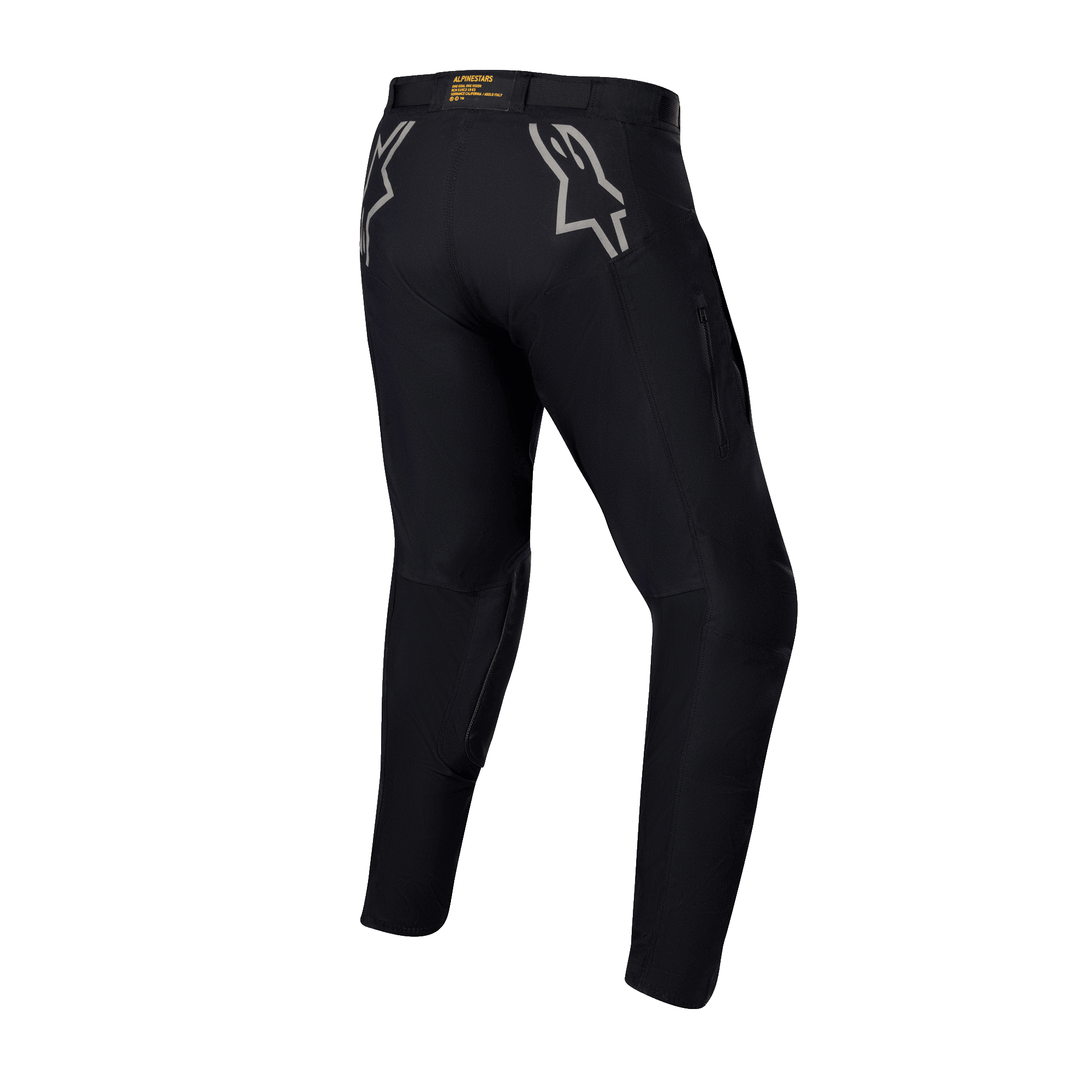 Alpinestars Techdura Hose, schwarze Enduro- und Offroad-Hose, Rückansicht mit grauen Stern-Logos auf den Hüften, gelbes Branding am hinteren Bund, robustes Stretch-Polyamid-Material mit strapazierfähigem Design für Motorradfahrten