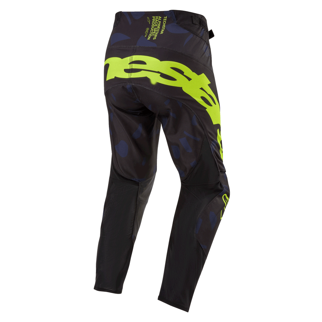 Alpinestars 2024 Techstar Rantera Hose, Motocross-Hose, Schwarz, Navy und Gelb Fluo, Rückansicht mit auffälligem Branding in Gelb Fluo auf dem Gesäß, navyfarben gemusterte Einsätze und technisches schwarzes Gewebe für Offroad-Rennperformance
