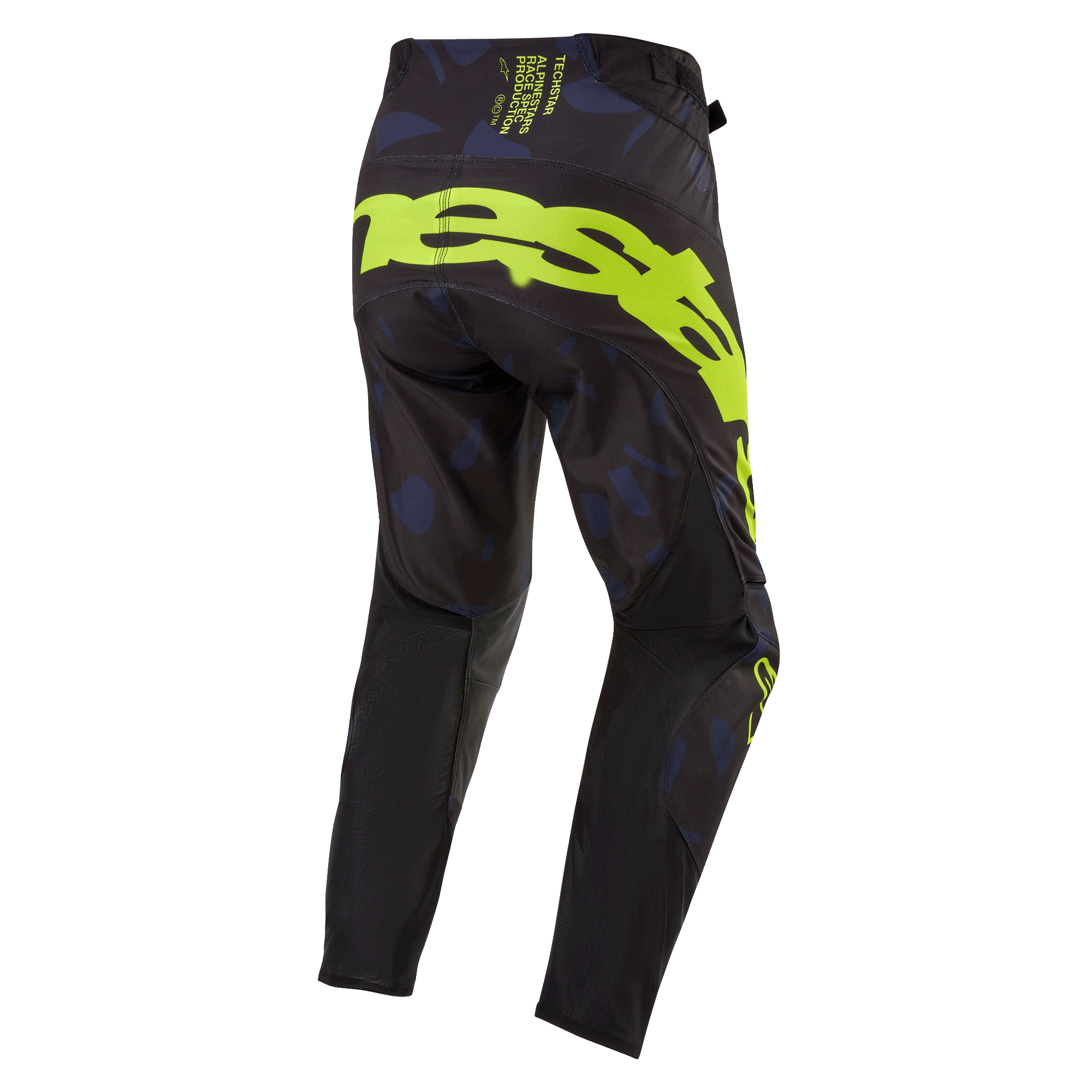 Alpinestars 2024 Techstar Rantera Hose, Motocross-Hose, Schwarz, Navy und Gelb Fluo, Rückansicht mit auffälligem Branding in Gelb Fluo auf dem Gesäß, navyfarben gemusterte Einsätze und technisches schwarzes Gewebe für Offroad-Rennperformance