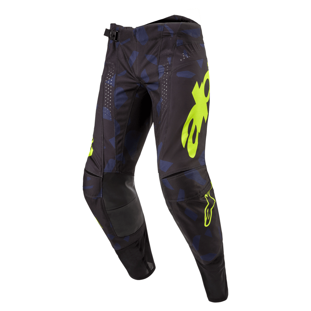 Alpinestars 2024 Techstar Rantera Hose, Motocross-Hose, Schwarz, Navy und Gelb Fluo, mit auffälligem gelbem Branding, lasergeschnittenen Perforationen für Belüftung und verstärkten Kniepaneelen, renninspiriertes Design für Motocross-Performance