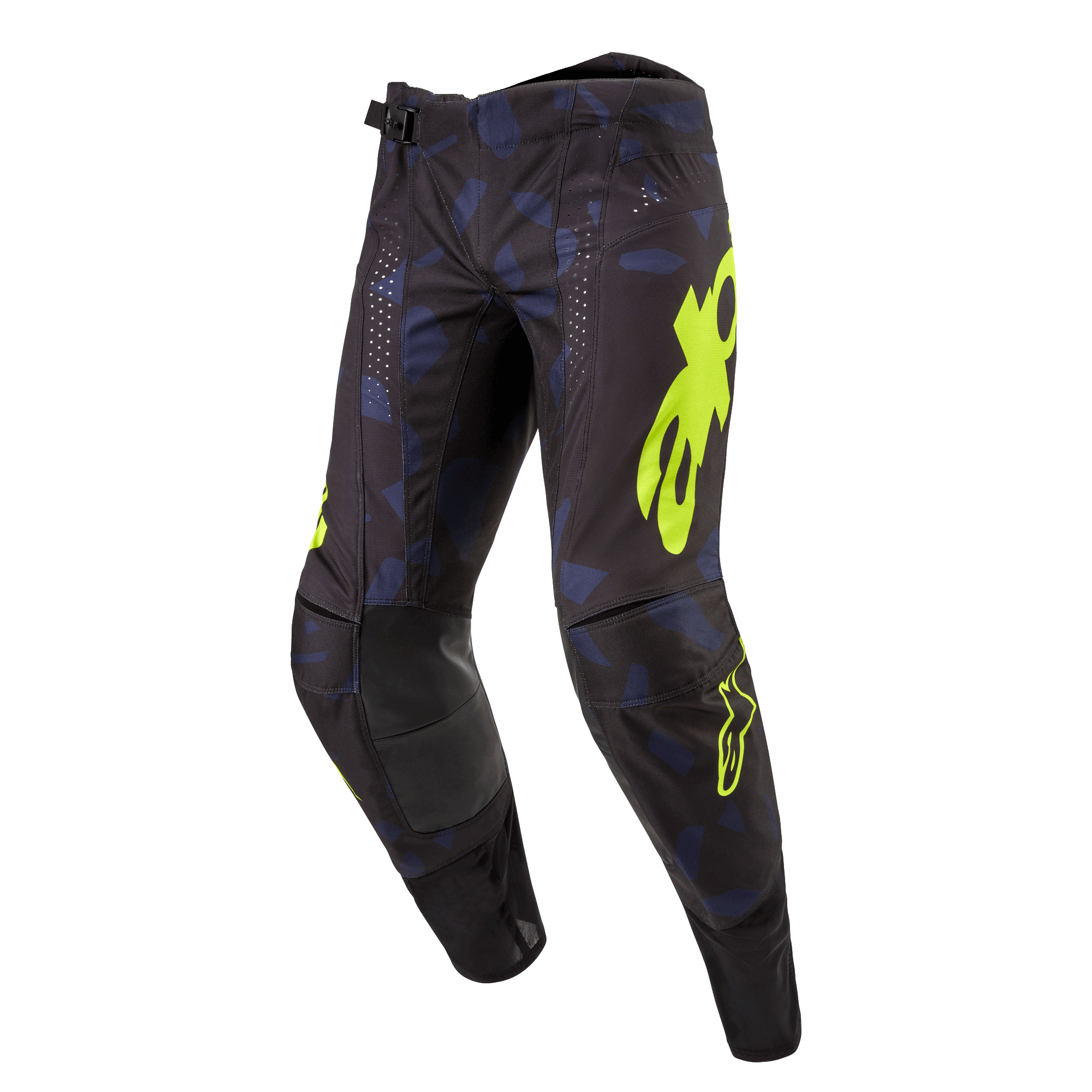 Alpinestars 2024 Techstar Rantera Hose, Motocross-Hose, Schwarz, Navy und Gelb Fluo, mit auffälligem gelbem Branding, lasergeschnittenen Perforationen für Belüftung und verstärkten Kniepaneelen, renninspiriertes Design für Motocross-Performance