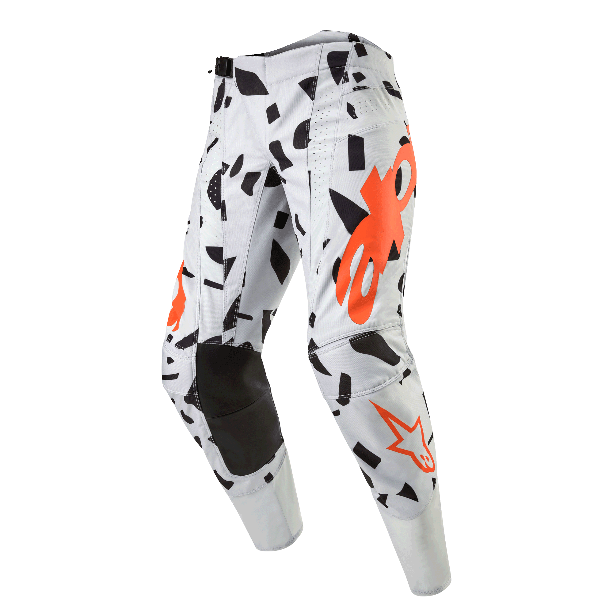 Alpinestars 2024 Techstar Rantera Hose, Motocross-Hose, Haze Gray Camo, Hellgrau mit schwarzen abstrakten Formen und orangefarbenen Logos, verstärkte schwarze Kniepartien, professionelle Offroad-Rennausrüstung