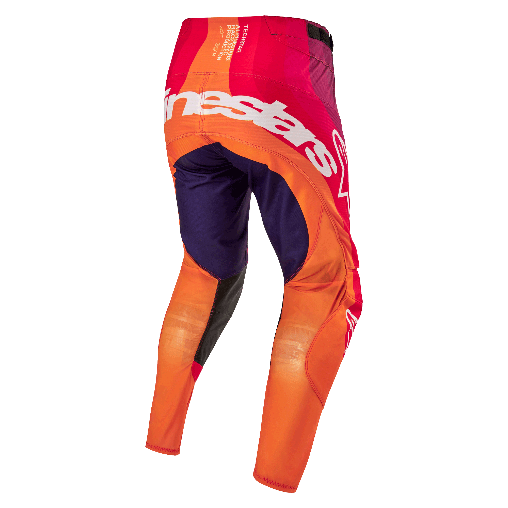 Alpinestars 2024 Techstar Pneuma Hose, Motocross-Hose, Deep Purple, Orange und Deep Blue, Rückansicht, strapazierfähiges Material, renninspirierte Passform, Profi-Ausrüstung für Motocross.