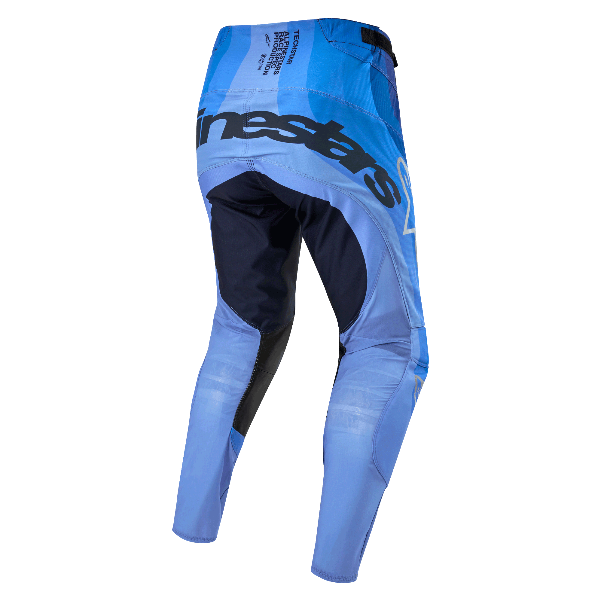 Alpinestars 2024 Techstar Pneuma Hose, Motocross-Hose, Dunkelblau und Hellblau, Rückansicht mit auffälligem Branding am Gesäß, dunkelblauen verstärkten Einsätzen an der Oberschenkelinnenseite und leichtem hellblauem Chassis für Offroad-Performance.