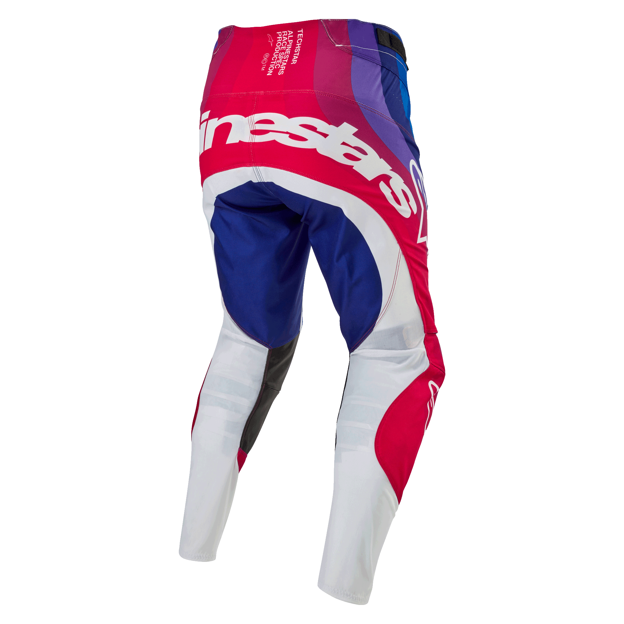 Alpinestars 2024 Techstar Pneuma Hose, Motocross-Hose, Blau, Mars-Rot und Weiß, Rückansicht mit großem weißem Alpinestars-Branding auf dem Gesäß, blaue und rote Paneele mit weißen Unterschenkeln, strapazierfähiges Design für Offroad-Wettbewerbe