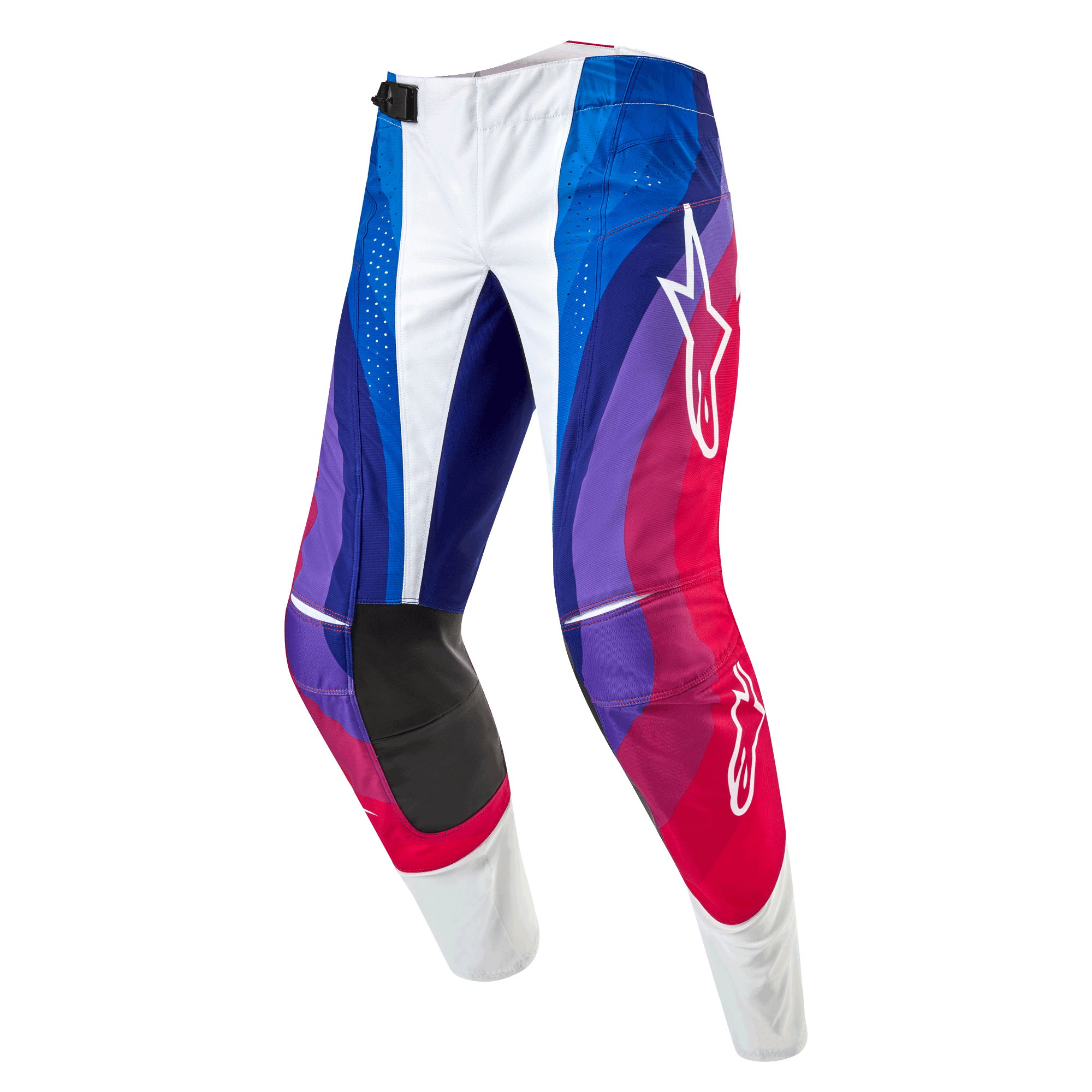 Alpinestars 2024 Techstar Pneuma Hose, Motocross-Hose, Blu Mars Rot Weiß, mit dynamischem Wellenmuster in Blau-, Violett- und Rottönen, weißen Alpinestars-Logos und strapazierfähigen schwarzen Knie-Innenpaneelen