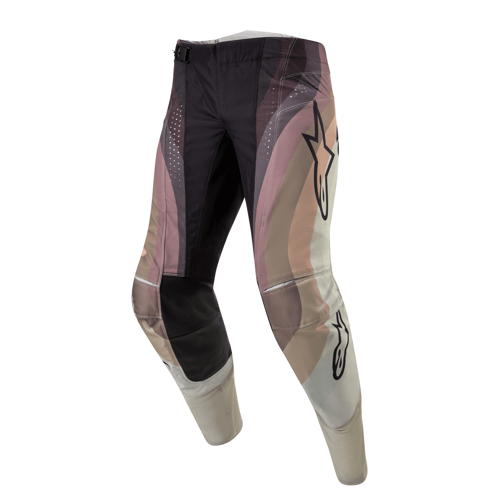 Alpinestars 2024 Techstar Pneuma Hose, Motocross-Hose, Dark Sand, Iron Dust und Grau, mit wellenförmigem Color-Block-Design, Alpinestars Stern-Logos, schwarzen verstärkten Knieeinsätzen und lasergeschnittenen Perforationen, strapazierfähige Offroad-Rennausrüstung