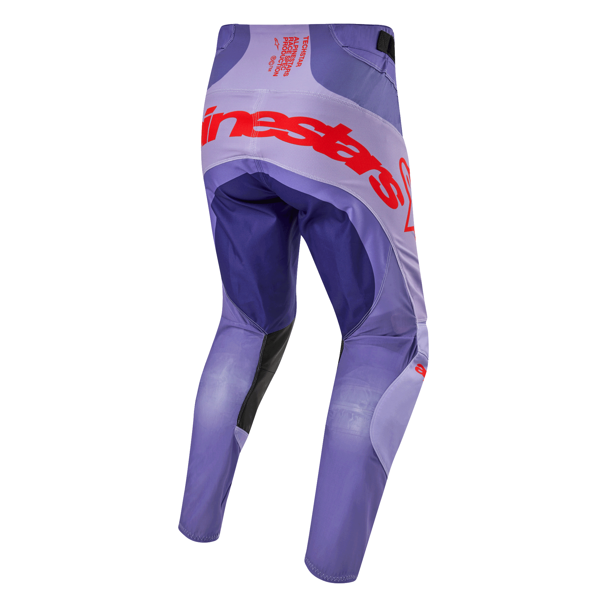 Alpinestars 2024 Techstar Ocuri Hose, Motocross-Hose, Lila und Hot Orange, Rückansicht mit großem Alpinestars-Logo, strapazierfähiges Stretch-Gewebe und Mesh-Einsätze für optimale Belüftung, professionelle Offroad-Ausrüstung