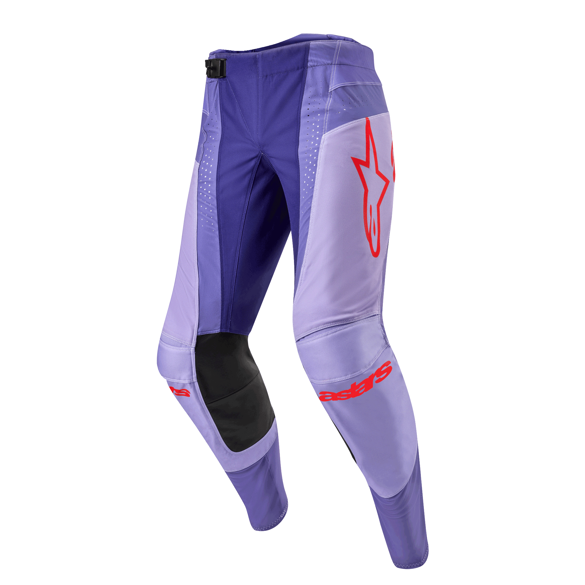 Alpinestars 2024 Techstar Ocuri Hose, Motocross-Hose, Lila mit leuchtend orangefarbenen Akzenten, strapazierfähiges Material, SX2 Magnetverschluss, ergonomische Kniekonstruktion, professionelle Offroad-Rennausrüstung