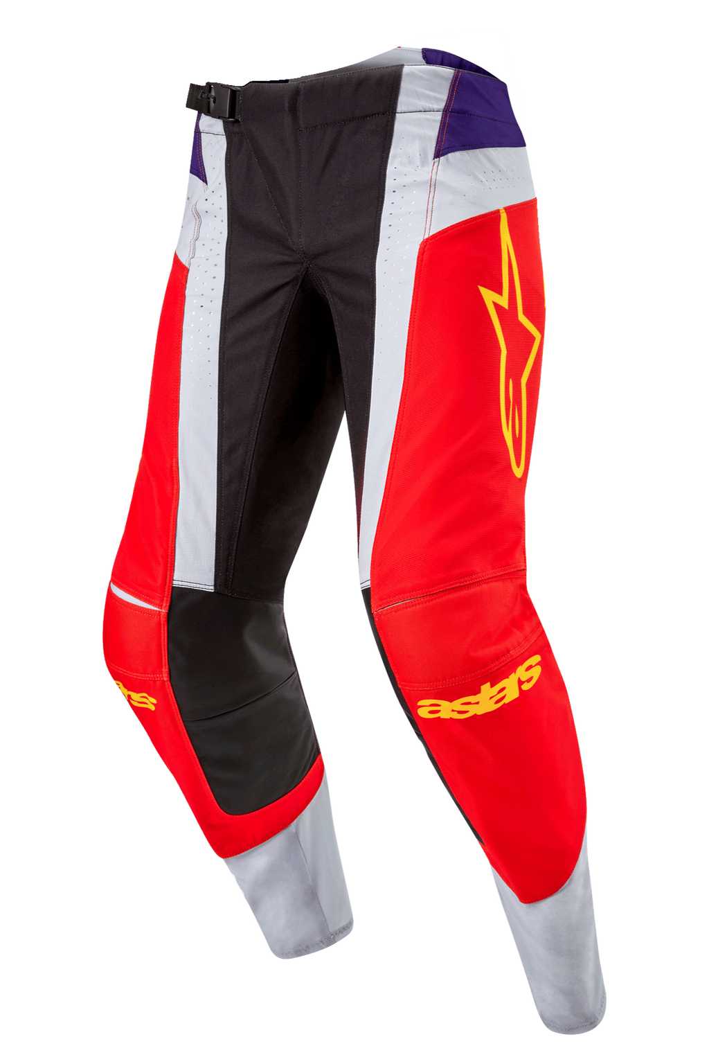 Alpinestars 2024 Techstar Ocuri Hose, Motocross-Hose, Hot Orange, Lila und Schwarz, mit roten und weißen Einsätzen, lila Akzenten an der Hüfte, gelbem Stern-Logo auf dem Oberschenkel, schwarzen verstärkten Knien, athletisches Design für Offroad-Rennsport