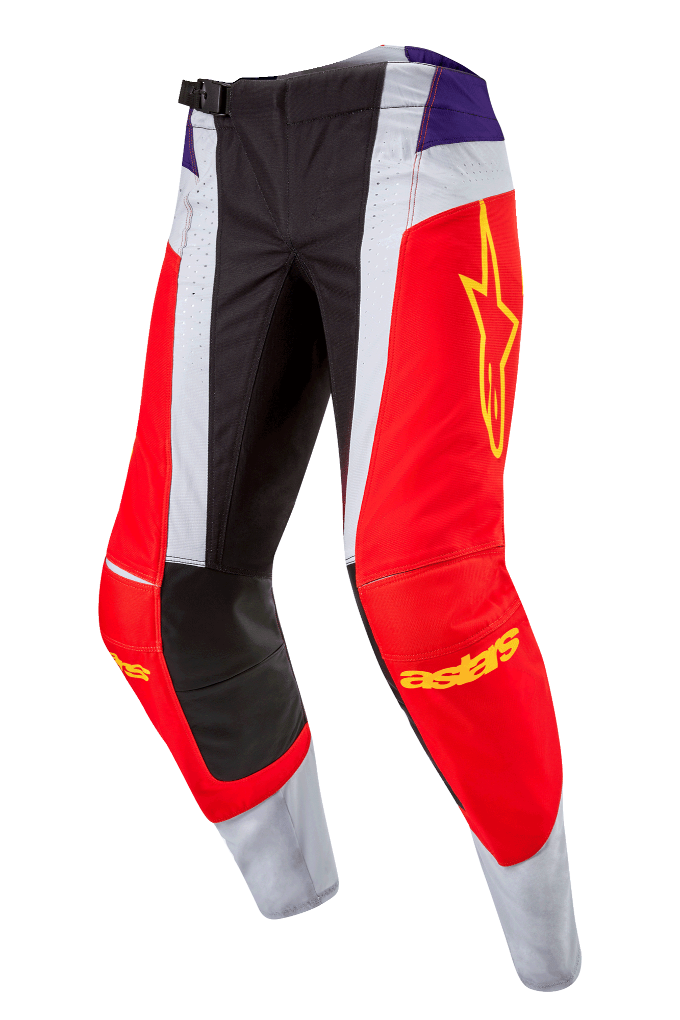 Alpinestars 2024 Techstar Ocuri Hose, Motocross-Hose, Hot Orange, Lila und Schwarz, mit roten und weißen Einsätzen, lila Akzenten an der Hüfte, gelbem Stern-Logo auf dem Oberschenkel, schwarzen verstärkten Knien, athletisches Design für Offroad-Rennsport