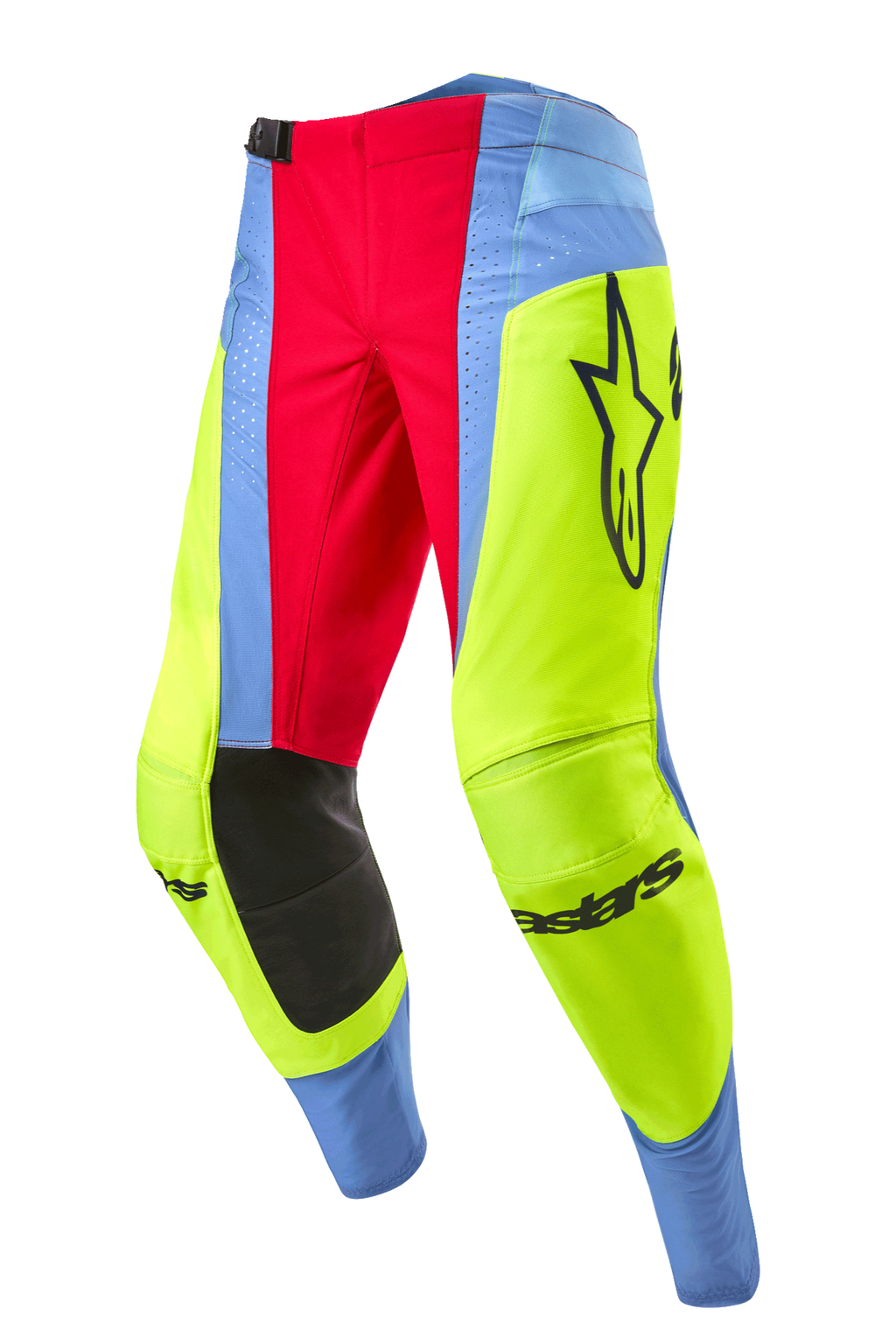Alpinestars 2024 Techstar Ocuri Hose, Motocross-Hose, Hellblau, Gelb Fluo und Beerenrot, mit schwarzen Knie-Innenpaneelen, markantem Alpinestars-Logo und lebhaften, mehrfarbigen Einsätzen für den Offroad-Rennsport.