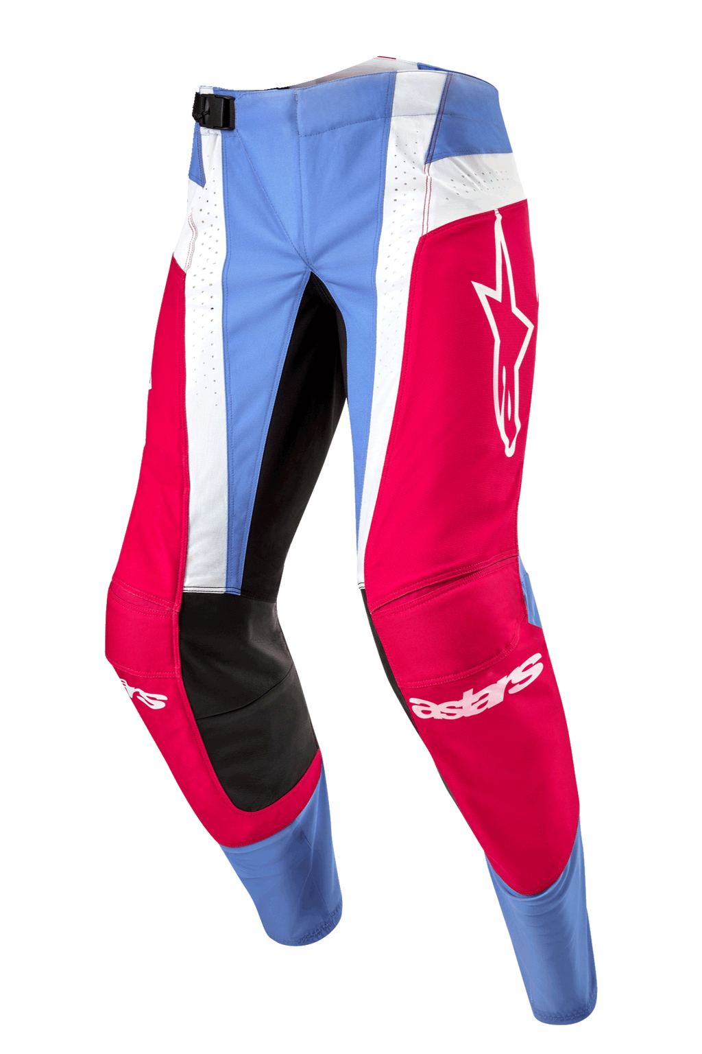 Alpinestars 2024 Techstar Ocuri Hose, Motocross-Hose, Hellblau, Mars-Rot und Weiß, mit leuchtend roten Einsätzen und weißem Stern-Logo, schwarzen Knieverstärkungen an der Innenseite und weißen perforierten vertikalen Streifen für die Belüftung.