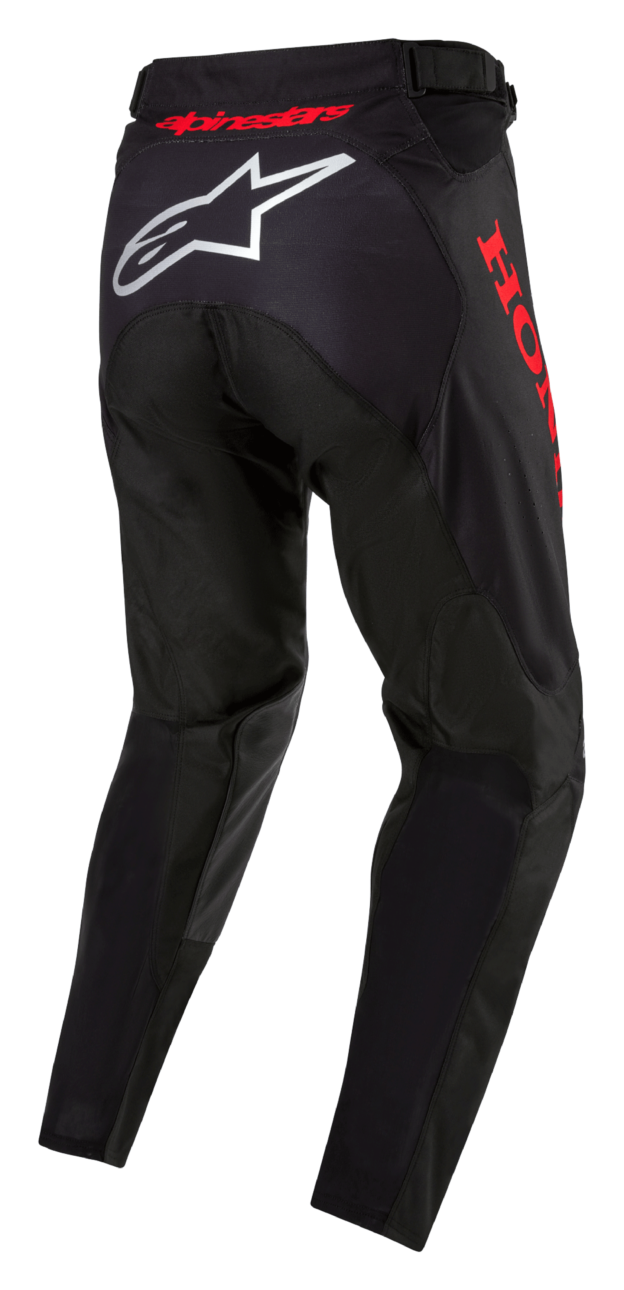 Honda Racer Iconic Hose, Motocross-Hose, Schwarz und Rot, Rückansicht mit weißem Alpinestars-Logo auf dem Gesäß und rotem Honda-Branding an der Seite, ergonomisches Design mit rotem Logo am Taillenbund für den Offroad-Rennsport.