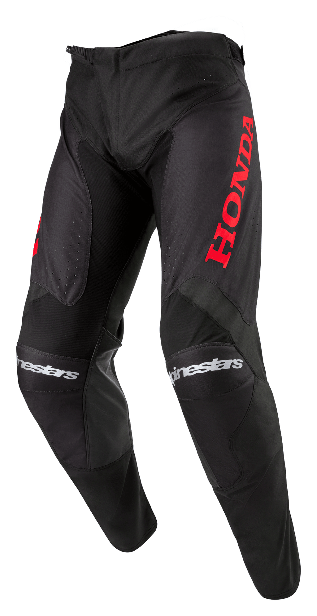 Alpinestars Honda Racer Iconic Hose, Motocross-Hose, Schwarz mit rotem Branding, mit einem großen roten Honda-Logo auf dem Oberschenkel und weißem Alpinestars-Schriftzug auf den Knien, sportlicher Schnitt für Offroad-Performance