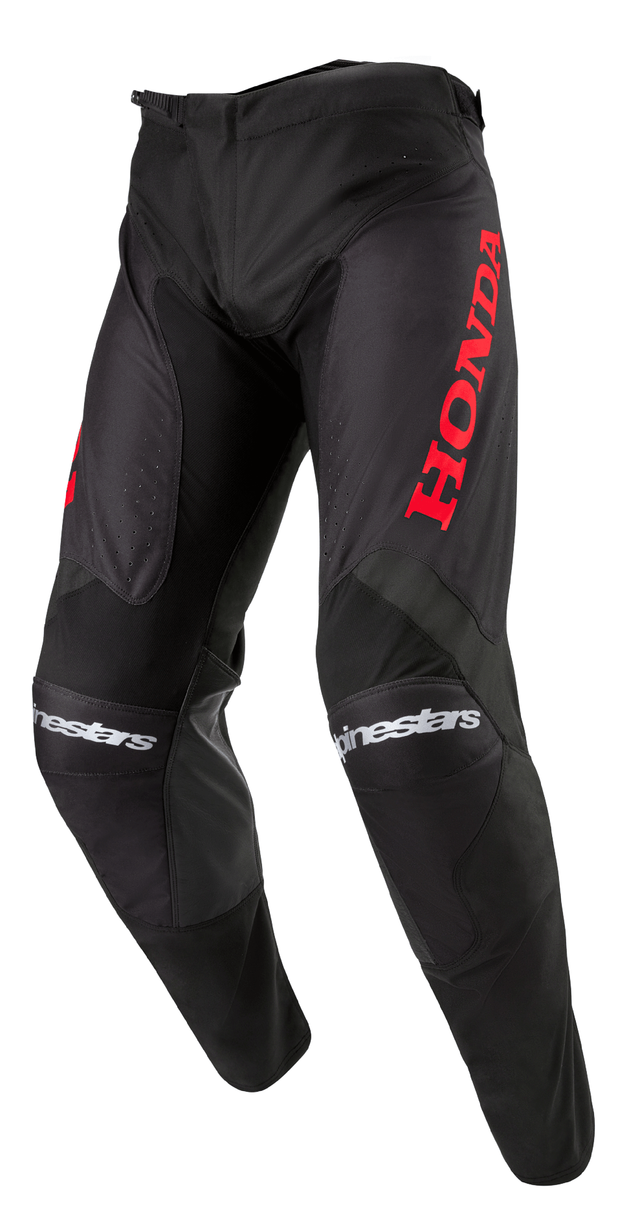 Alpinestars Honda Racer Iconic Hose, Motocross-Hose, Schwarz mit rotem Branding, mit einem großen roten Honda-Logo auf dem Oberschenkel und weißem Alpinestars-Schriftzug auf den Knien, sportlicher Schnitt für Offroad-Performance