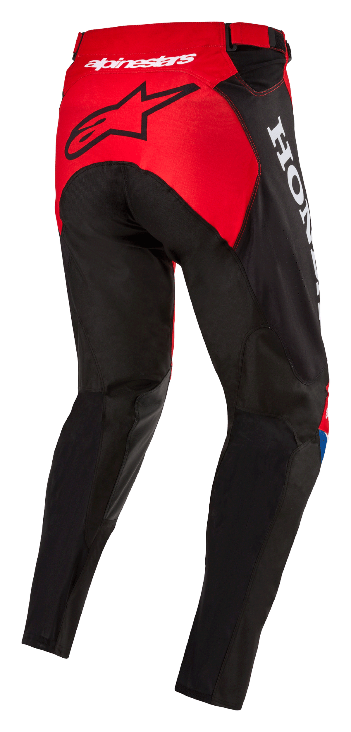 Alpinestars Honda Racer Iconic Hose, Motocross-Hose, Leuchtendes Rot, Schwarz und Weiß, Dreiviertel-Rückansicht zeigt rotes Gesäßpanel mit schwarzem Stern-Logo, weißes Honda-Branding an der Seite und strapazierfähige Textilkonstruktion im Sportschnitt für Offroad-Rennen
