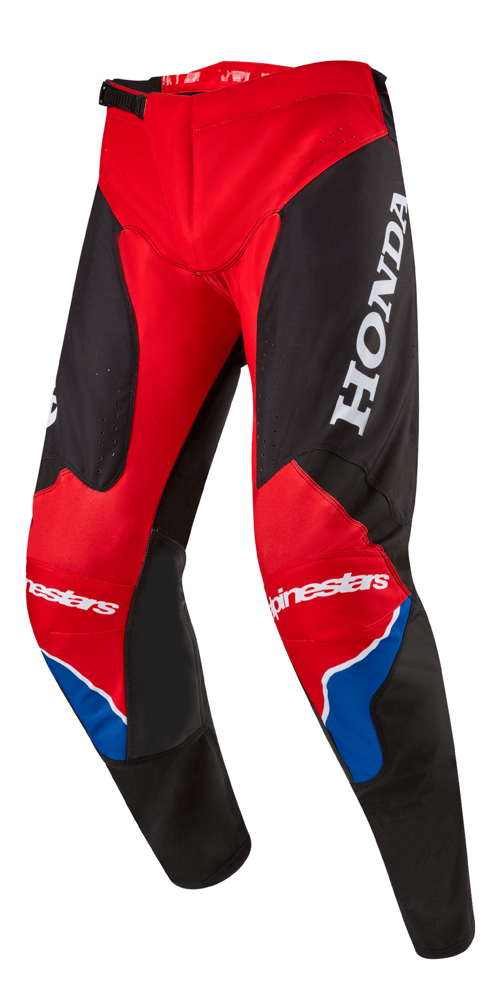 Alpinestars Honda Racer Iconic Hose, Motocross-Hose, Hellrot, Schwarz und Weiß mit blauen Akzenten, großes weißes HONDA-Logo auf dem Oberschenkel, Alpinestars-Branding an den Knien, ergonomisch vorgeformte Beinkonstruktion, verstellbarer Ratschenverschluss an der Taille.