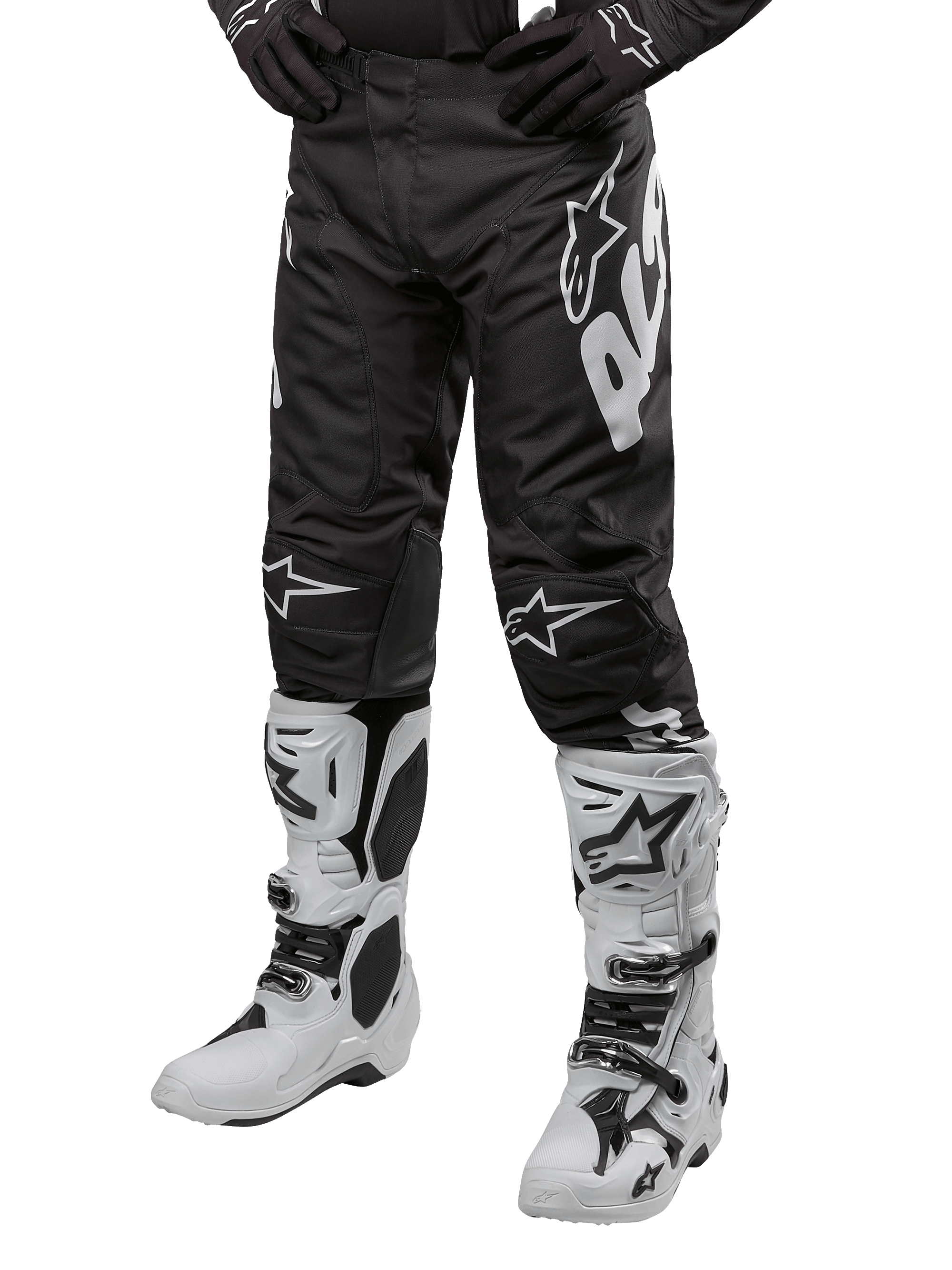 Alpinestars 2024 Racer Hana Hose, Motocross-Hose, Schwarz und Weiß mit weißen Logos, sportliche Passform, strapazierfähiges Design für Offroad-Rennsport, kombiniert mit weißen Motocross-Stiefeln