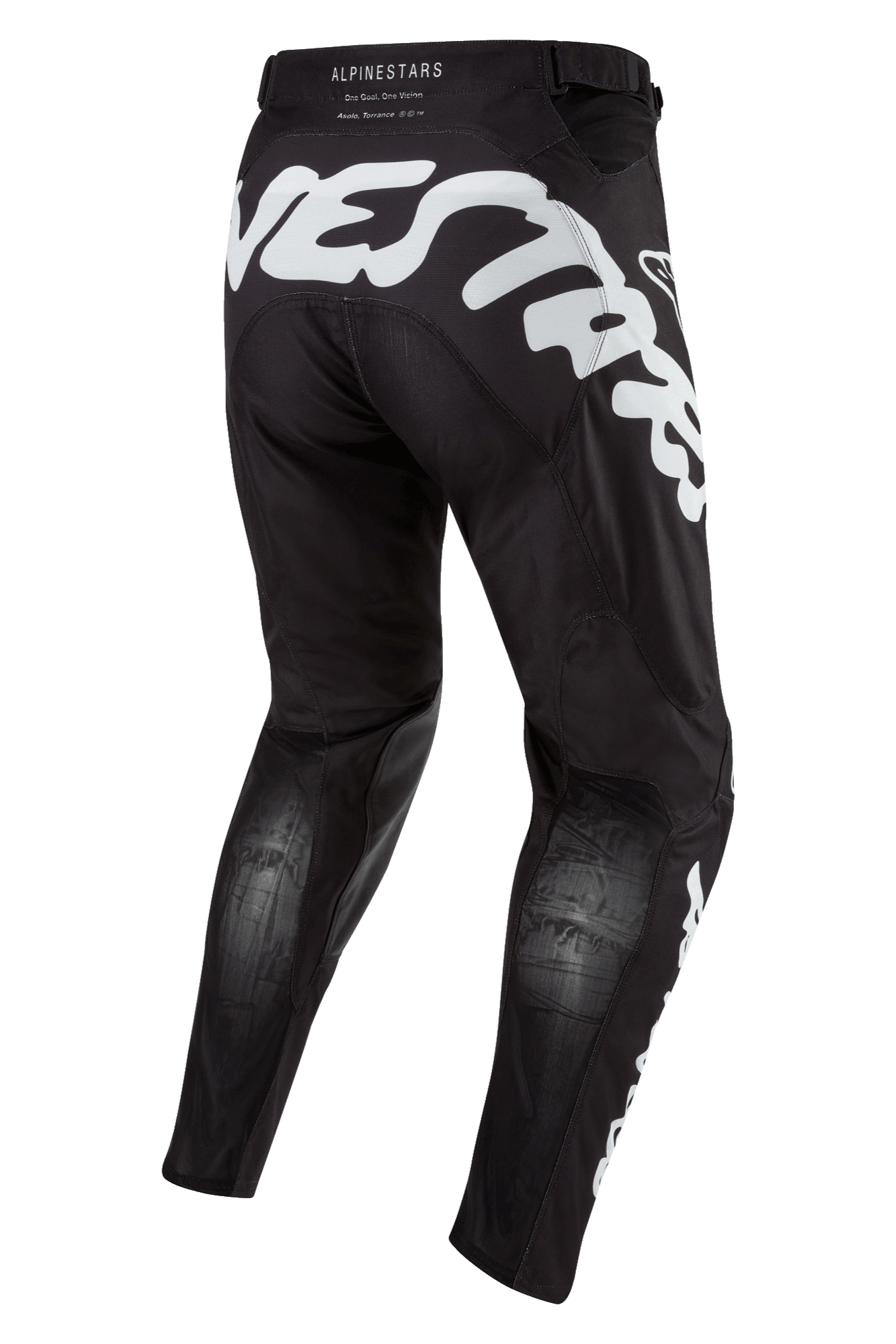 Alpinestars 2024 Racer Hana Hose, Motocross-Hose in Schwarz und Weiß, Rückansicht mit markantem weißem Logo-Schriftzug, atmungsaktive Stretchnet-Zonen an den Waden, ergonomische Offroad-Rennausrüstung