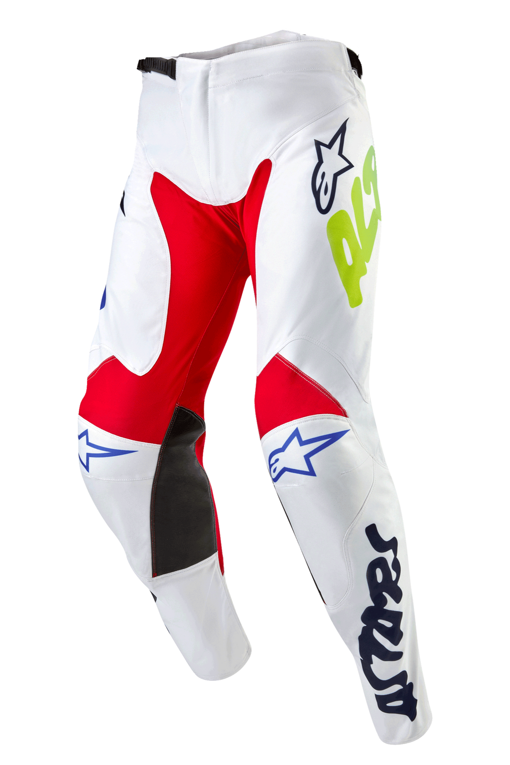 Alpinestars 2024 Racer Hana Hose, Motocross-Hose, Weiß Mehrfarbig, mit roten und schwarzen Knieinnenseiten, blauen Astars-Logos und neongelbem Branding, vorgeformtes Design mit Ratschenverschluss an der Taille, strapazierfähige Textilausrüstung für den Offroad-Rennsport