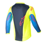 Alpinestars Kids 2024 Racer Graphic 1 Jersey, Motocross Jersey, Yellow Fluo and Blue Night Navy, Back View showing red star logos, vibrant design with navy center panel and yellow sides, lightweight poly-fabric for off-road riding