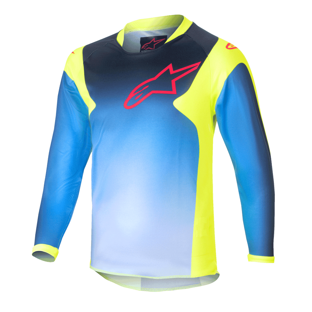Alpinestars Kids 2024 Racer Graphic 1 Jersey, Youth Motocross Long-Sleeve Jersey, Blue and Neon Yellow, featuring a blue gradient design with a red logo on the chest, neon yellow side panels and collar, lightweight performance fabric