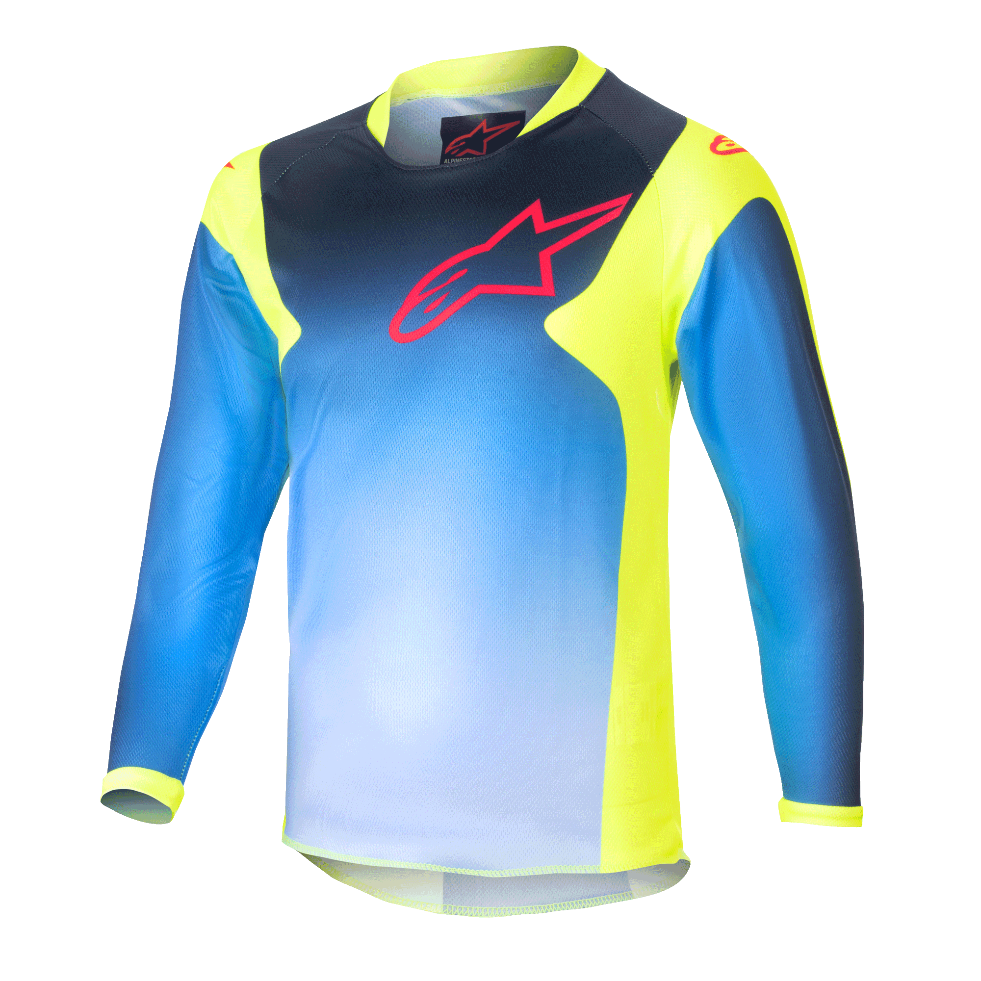 Alpinestars Kids 2024 Racer Graphic 1 Jersey, Kinder-Motocross-Langarmtrikot, Blau und Neongelb, mit blauem Farbverlauf, rotem Logo auf der Brust, neongelben Seiteneinsätzen und Kragen, leichtes Funktionsmaterial