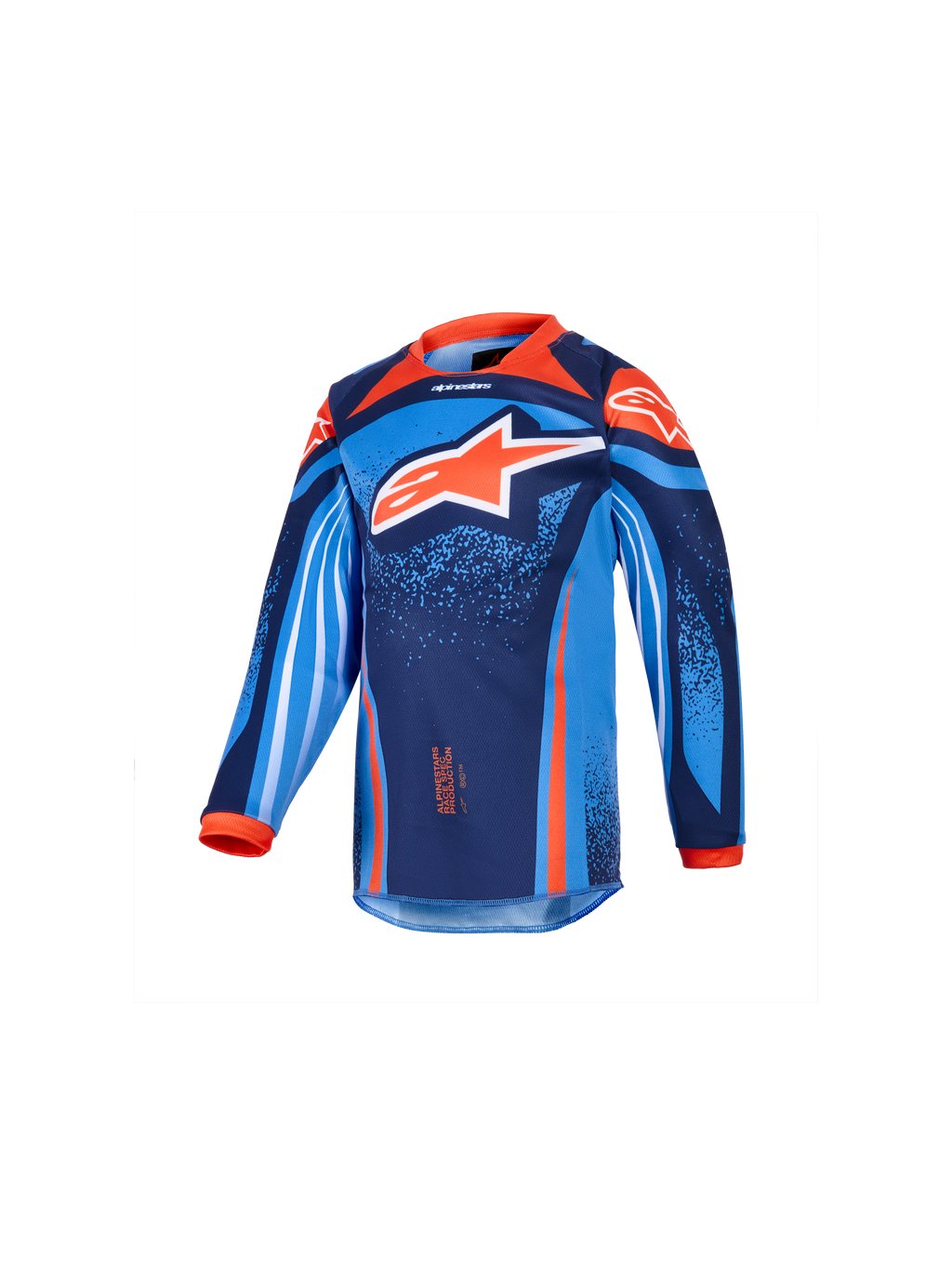 Alpinestars 2026 Kids Racer Nomur Jersey, Kinder-Motocross-Langarmtrikot, Dunkelblau, Orange und UCLA-Blau, mit großem weiß-orangem Stern-Logo, lebendigen geometrischen und gesprenkelten Grafiken, orangefarbenem Kragen und Manschetten, Funktionsmaterial für Kinder-Motocross-Rennen