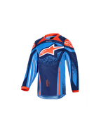 Alpinestars 2026 Kids Racer Nomur Jersey, Kinder-Motocross-Langarmtrikot, Dunkelblau, Orange und UCLA-Blau, mit großem weiß-orangem Stern-Logo, lebendigen geometrischen und gesprenkelten Grafiken, orangefarbenem Kragen und Manschetten, Funktionsmaterial für Kinder-Motocross-Rennen