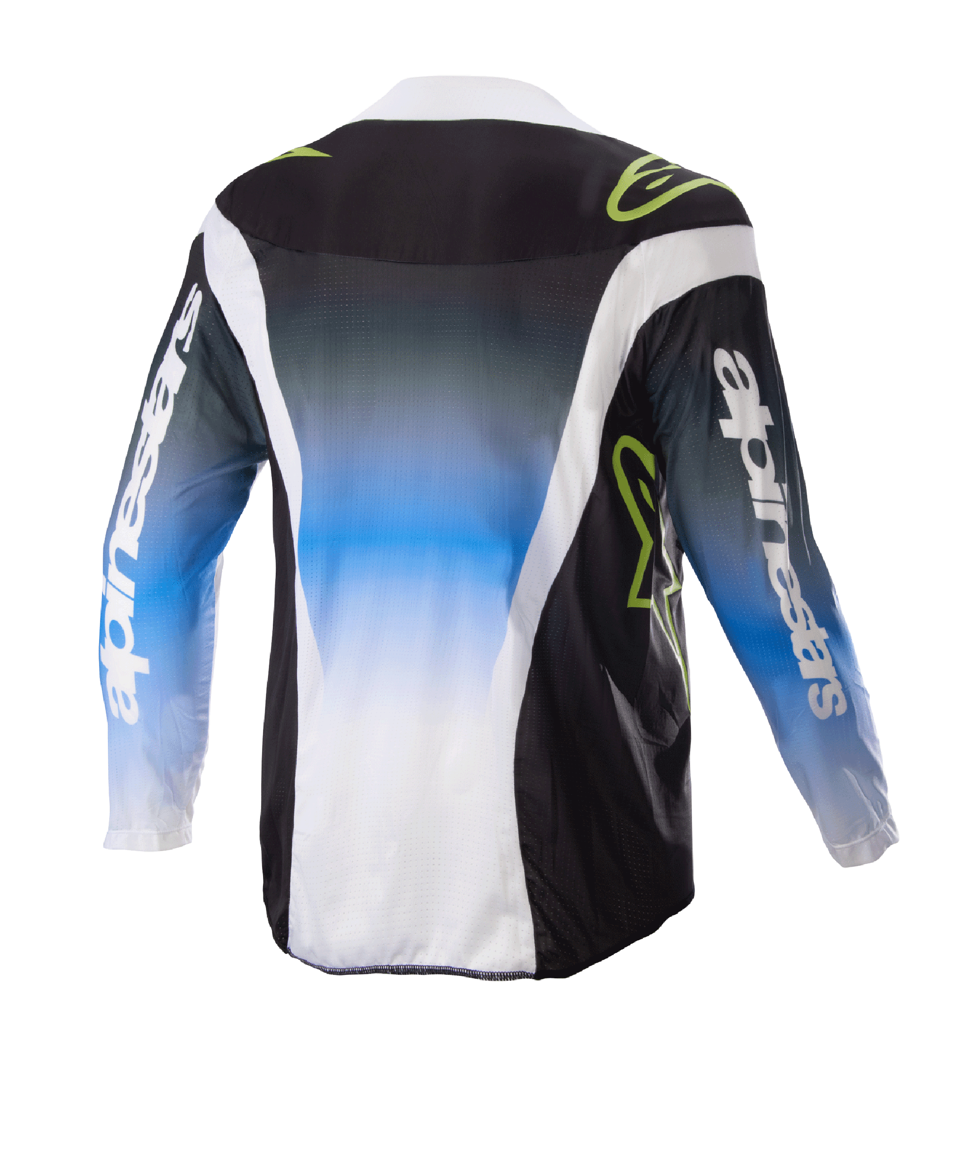 Alpinestars Kids 2023 Racer Push Jersey, Motocross Jersey, Nightlife UCLA Blue White and Black, rear view showing a blue-to-white gradient center, lime green logos, and white side accents, long sleeve off-road riding apparel.
