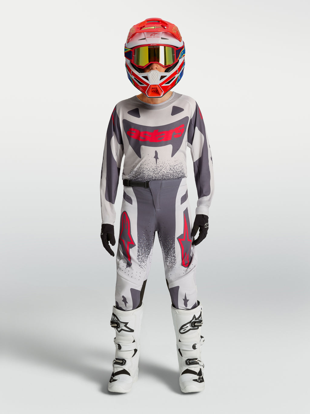 Alpinestars Youth Supertech Swan Pants, gray and red fluo motocross racing gear, youth gear set, performance athletic fit.