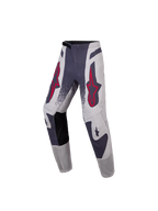 Alpinestars 2027 Youth Supertech Swan Pants, gray and red fluo motocross gear with stretch rip-stop textile.