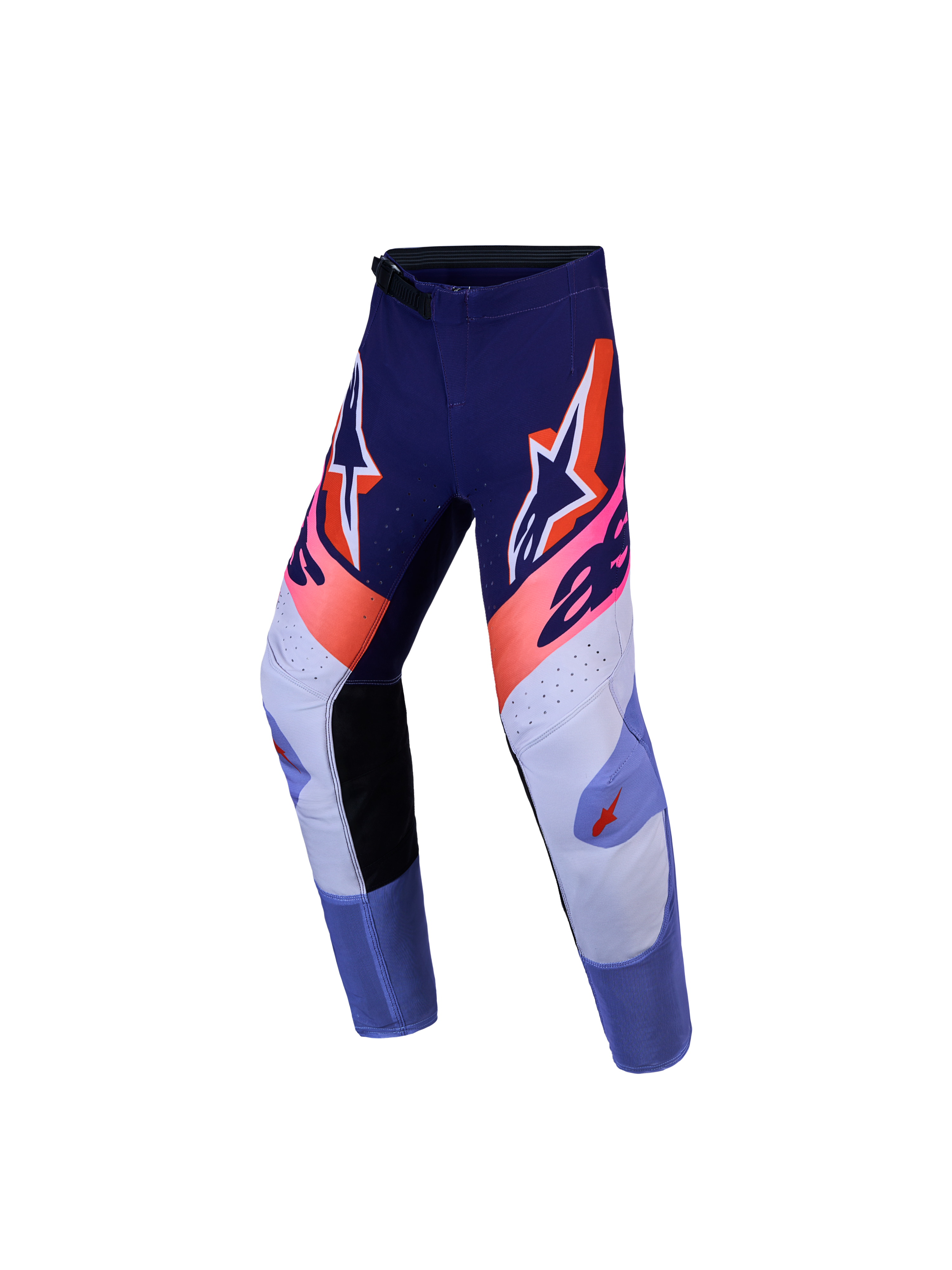 Alpinestars Youth Supertech Dyna Pants, Purple and Pink Fluo motocross racing pants with high-durability stretch rip-stop fabric.
