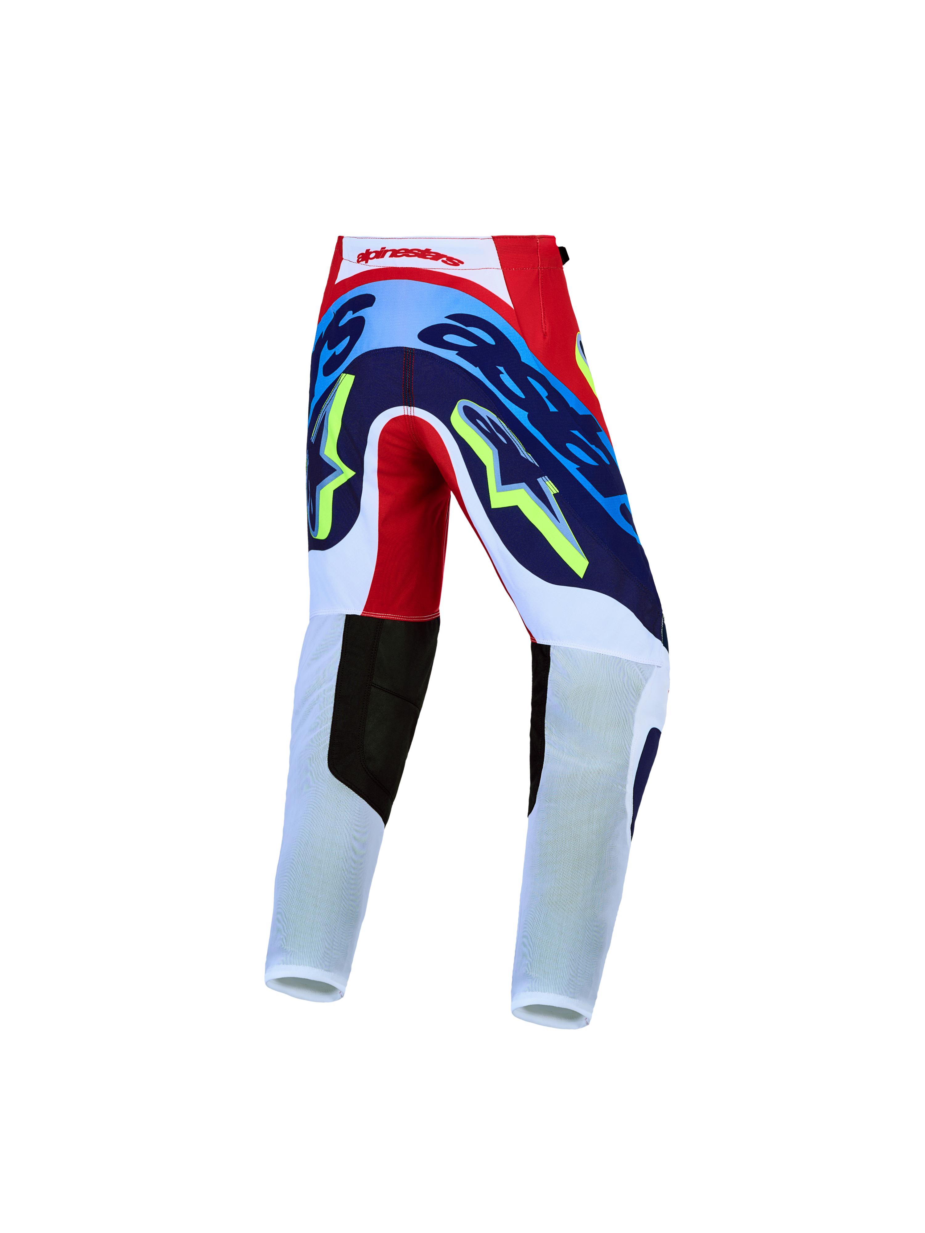 Alpinestars Jugend Supertech Dyna Hose, Motocross-Hose in Rot, Weiß und Blau, Rückansicht mit strapazierfähigem 4-Wege-Stretch-Gewebe und verstärktem Gesäßbereich.