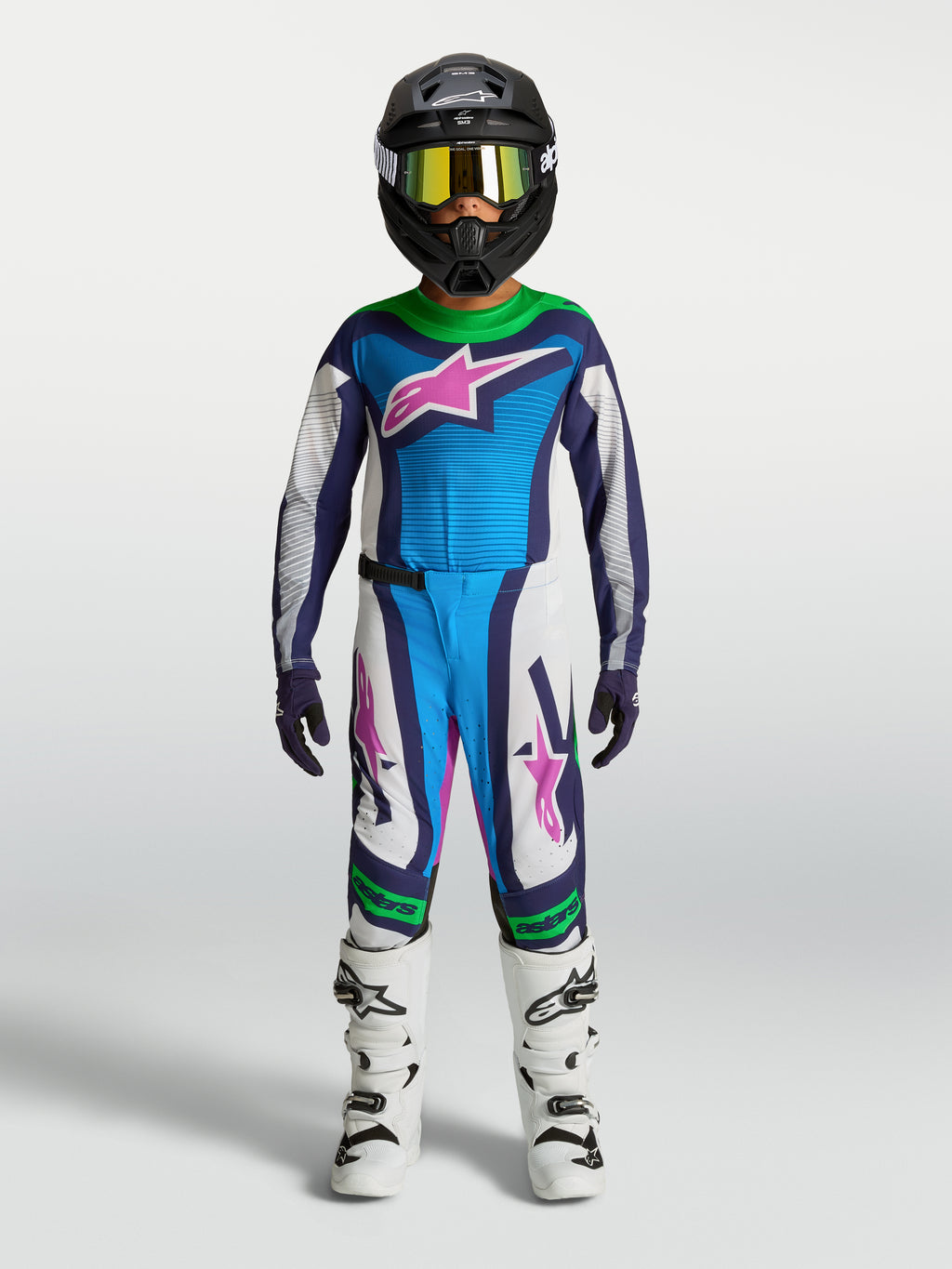 Alpinestars Youth Supertech Maven Pants and Jersey, Motocross Racing Gear, Blue and White with Green Fluo, Athletic Fit.