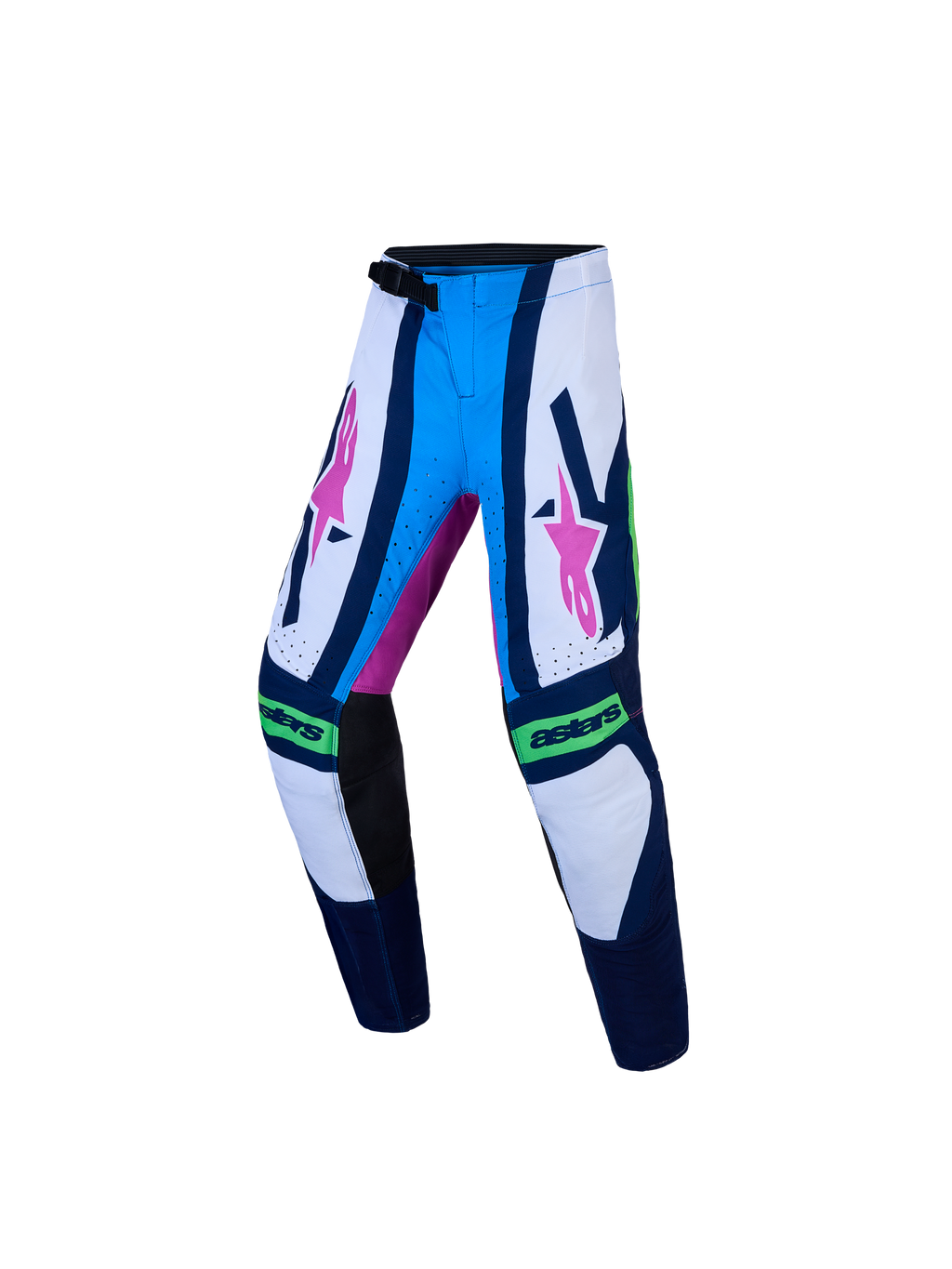Alpinestars Supertech Jugend-Hose Maven, Motocross-Hose für Kinder in Blau, Weiß und Pink mit sicherem Ratschenverschluss.