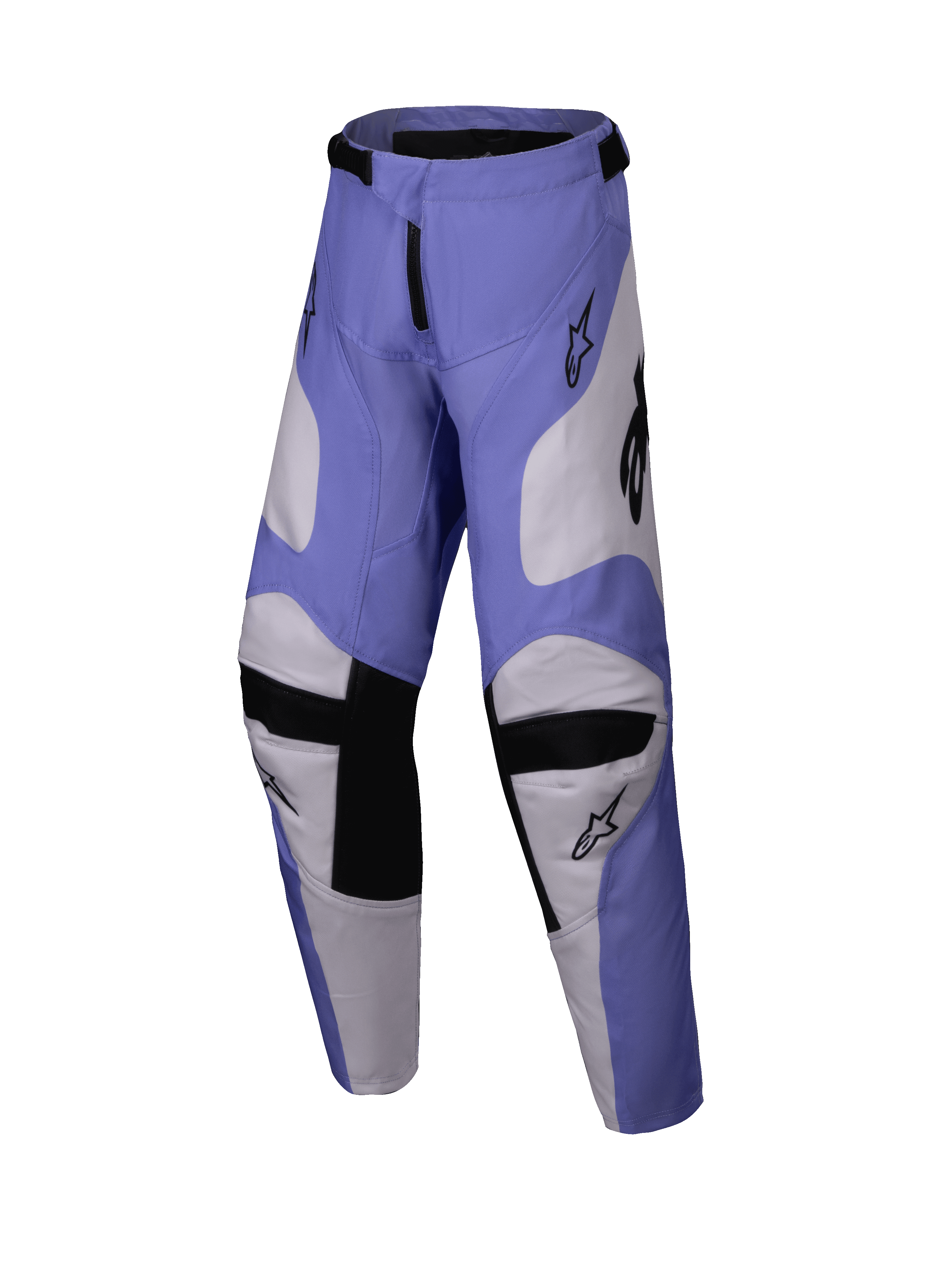 Alpinestars 2025 Youth Racer Veil Pants, Motocross Pants, Purple and White with Black, featuring goat leather inner knee panels and a pre-curved ergonomic design, durable off-road riding gear for youth