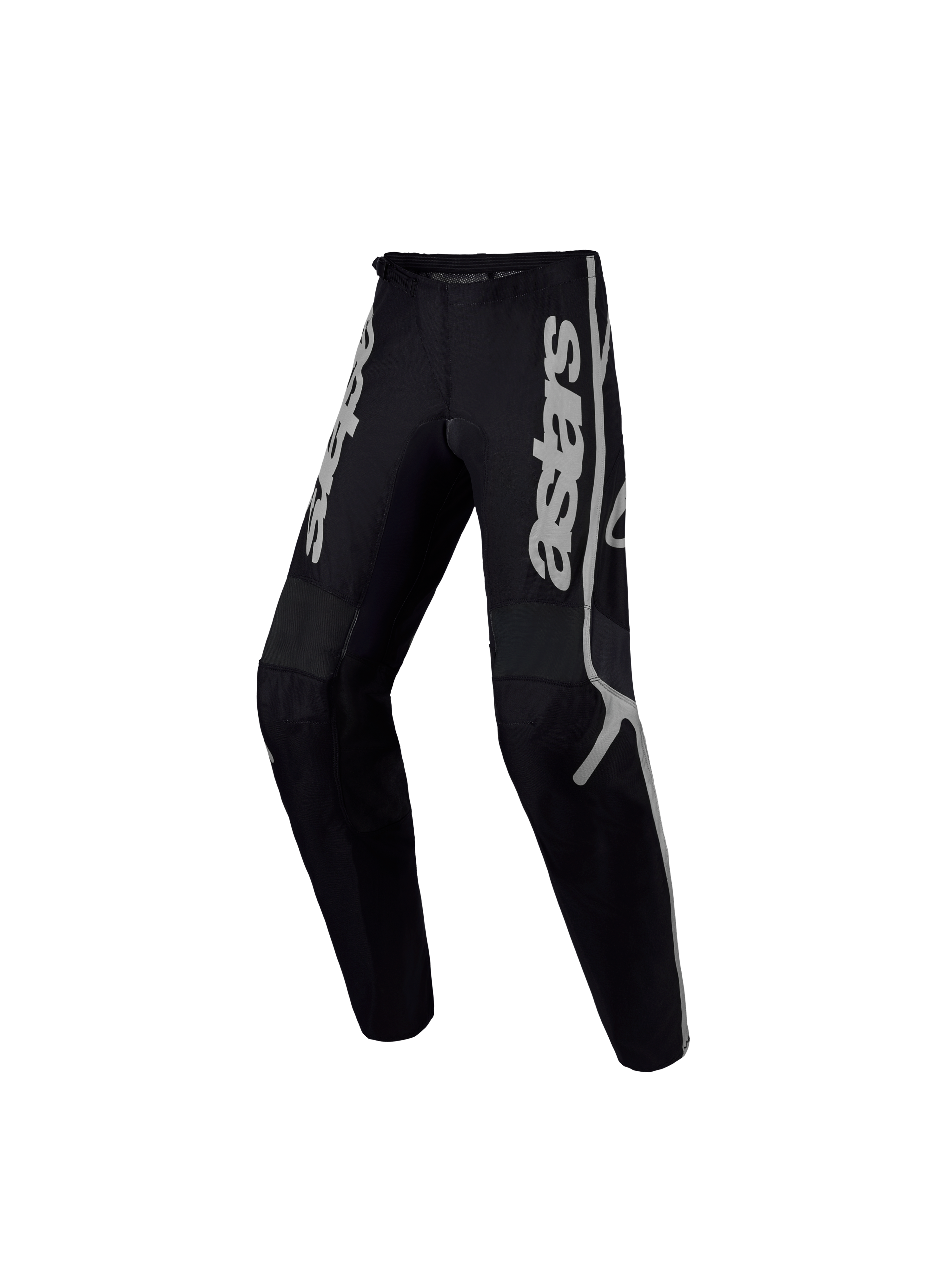 Alpinestars Fluid Apex V2 Jugend-Hose, robuste Motocross-Hose in Schwarz und Silber, strapazierfähige Textilkonstruktion.