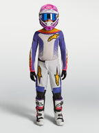Alpinestars Youth Fluid Drag Pants, purple and white motocross gear set for youth off-road riding with gold accents.
