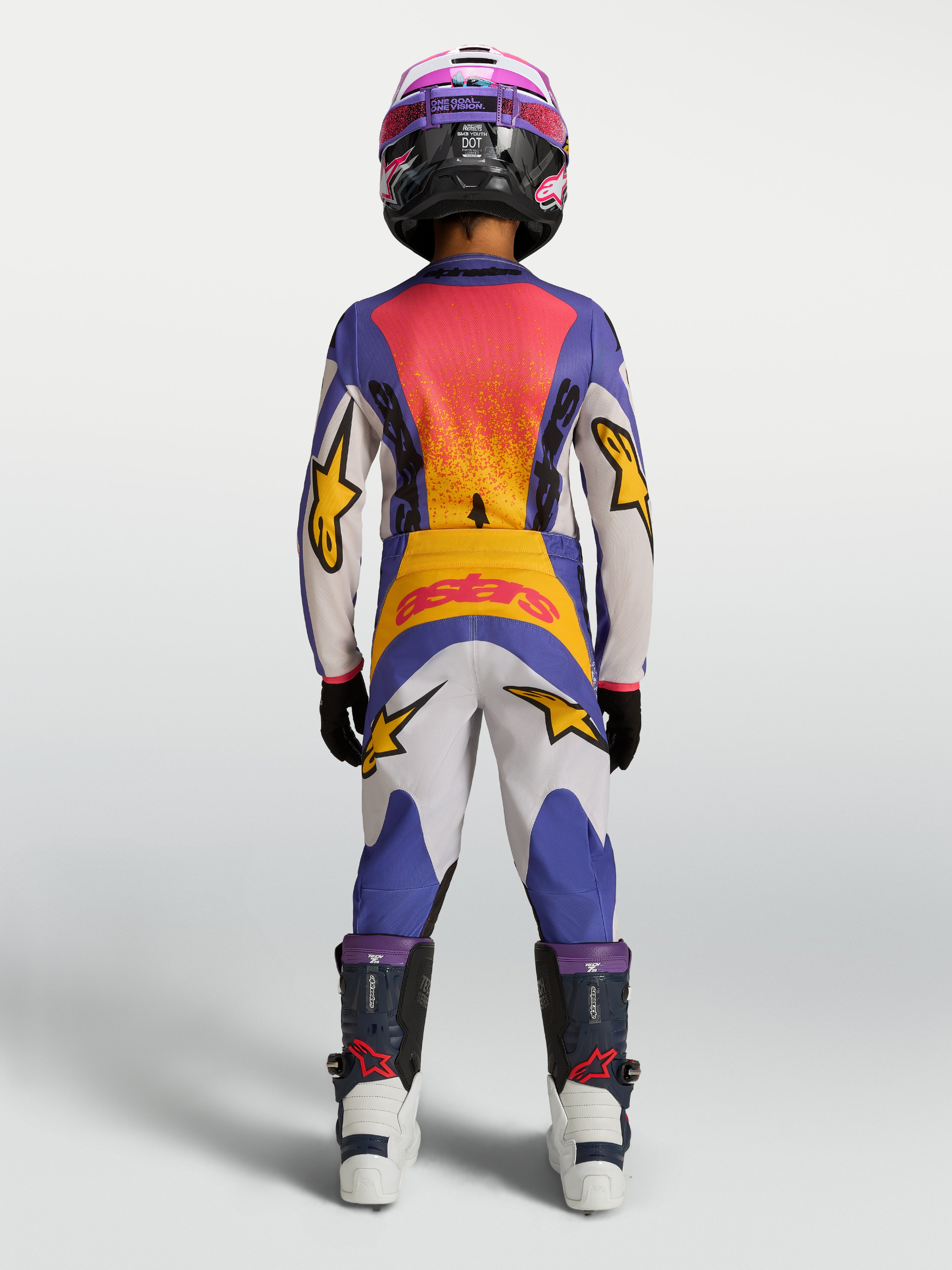 Alpinestars Youth Fluid Drag Pants, blue and white youth motocross pants with yellow accents for durable off-road performance.
