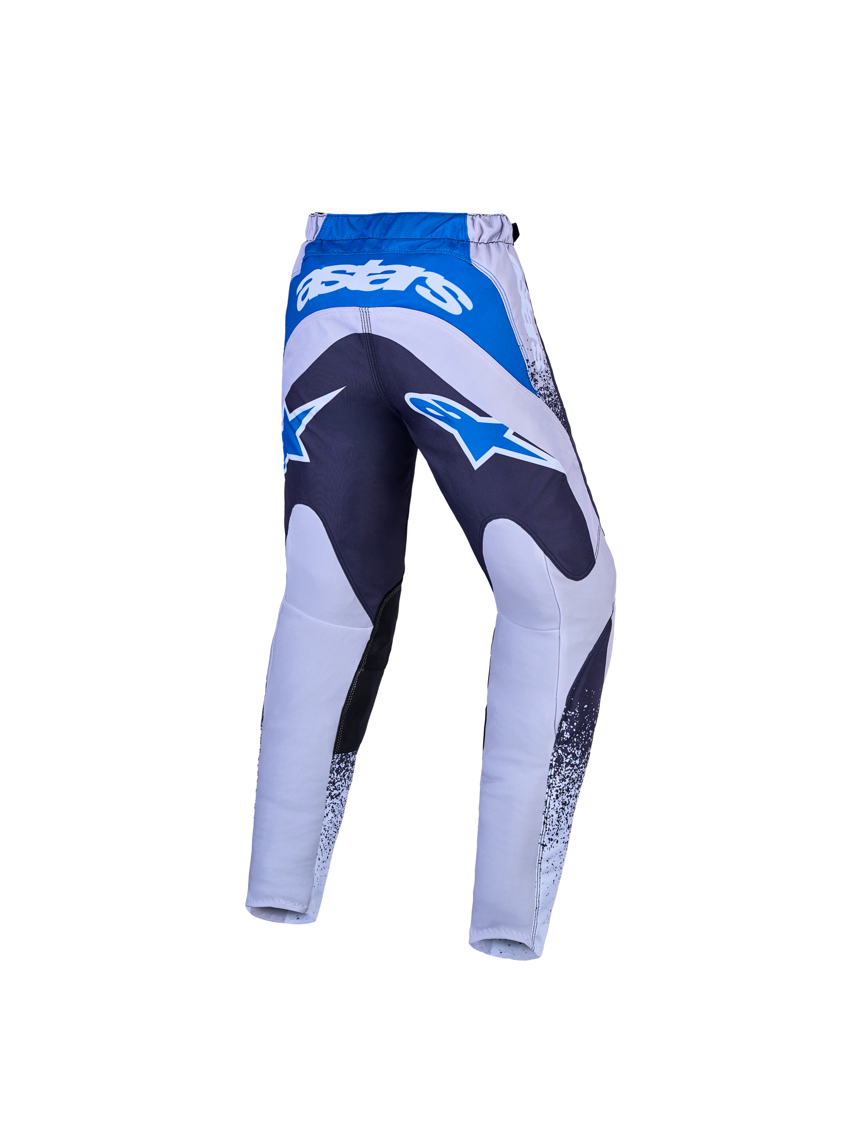 Alpinestars 2027 Youth Fluid Drag Pants, gray and blue motocross gear with pre-curved construction and rear brand logo.