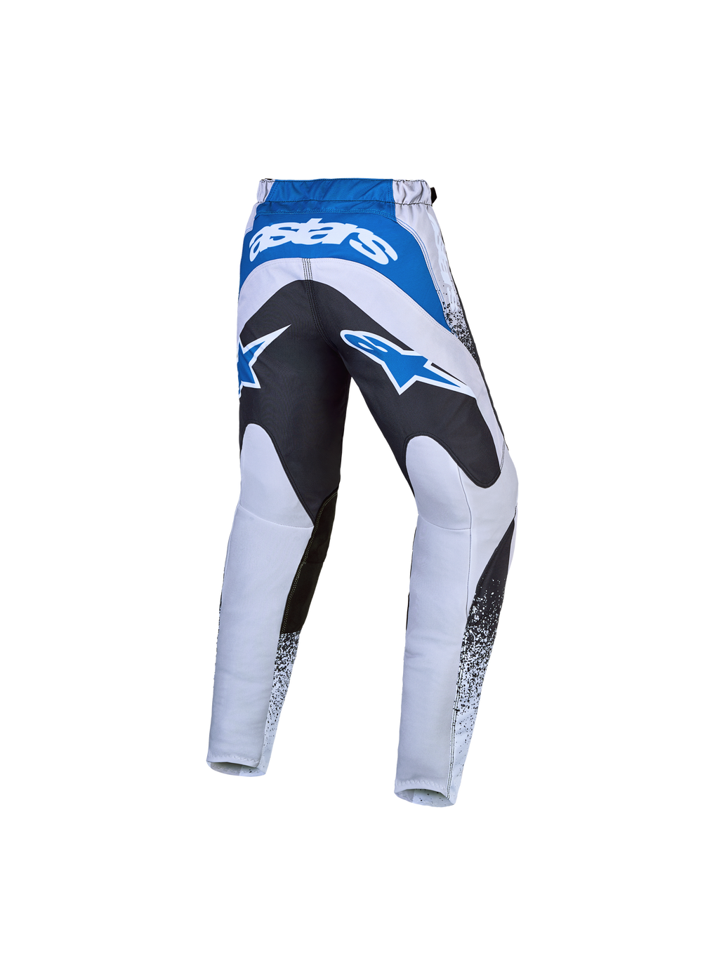 Alpinestars Fluid Drag Jugend-Hose für Motocross, Grau und Blau mit Gesäßverstärkung in Schwarz und markanten Astars-Logos.