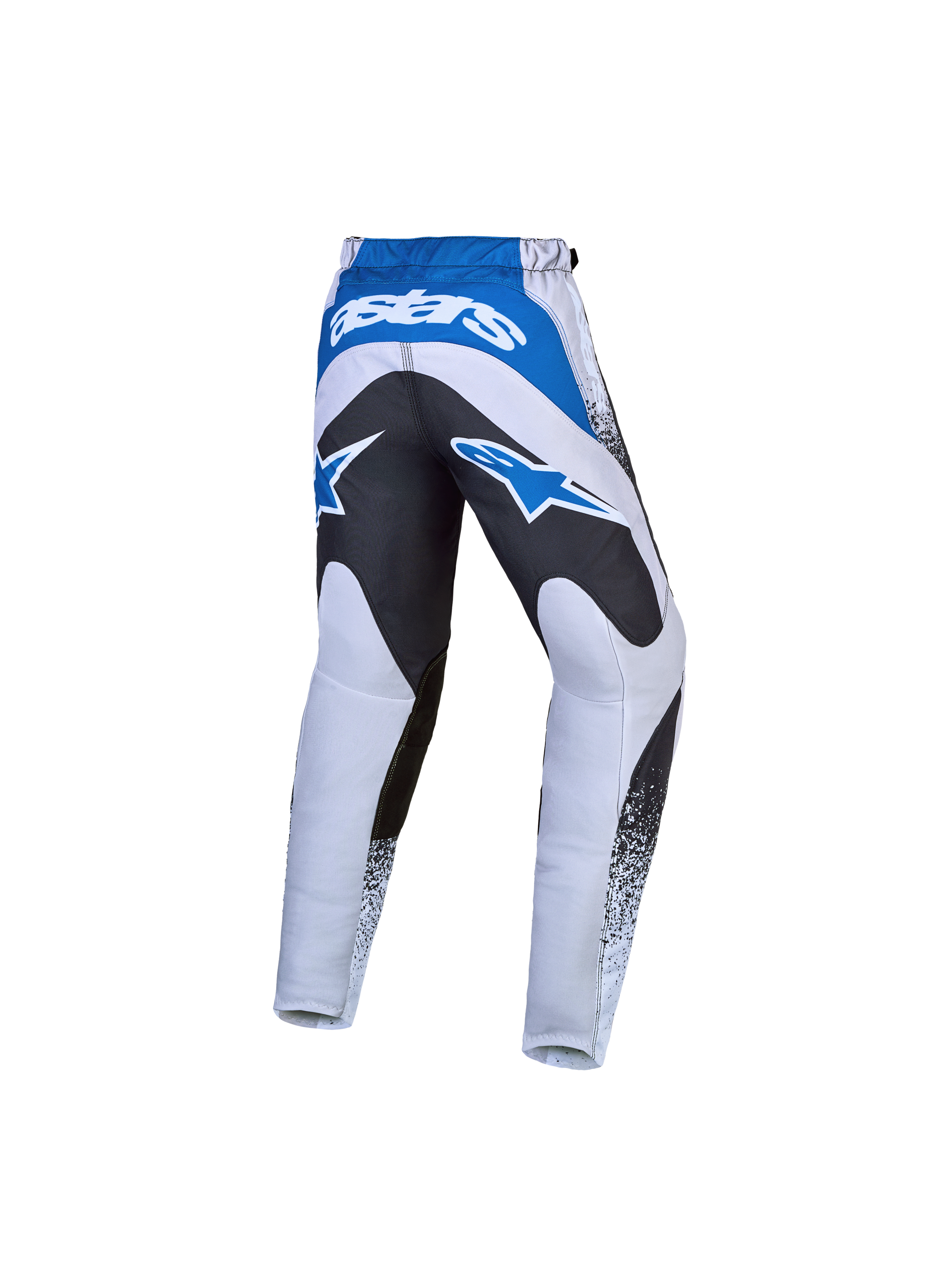 Alpinestars Fluid Drag Jugend-Hose für Motocross, Grau und Blau mit Gesäßverstärkung in Schwarz und markanten Astars-Logos.